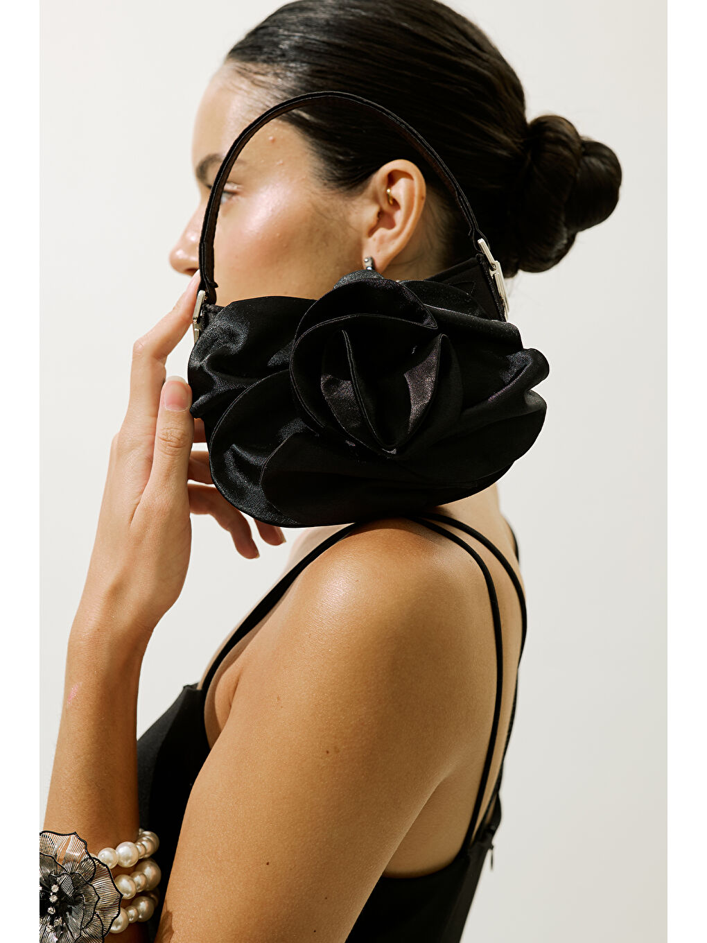 Çiçekli Saten Abiye Mini Çanta Siyah-2