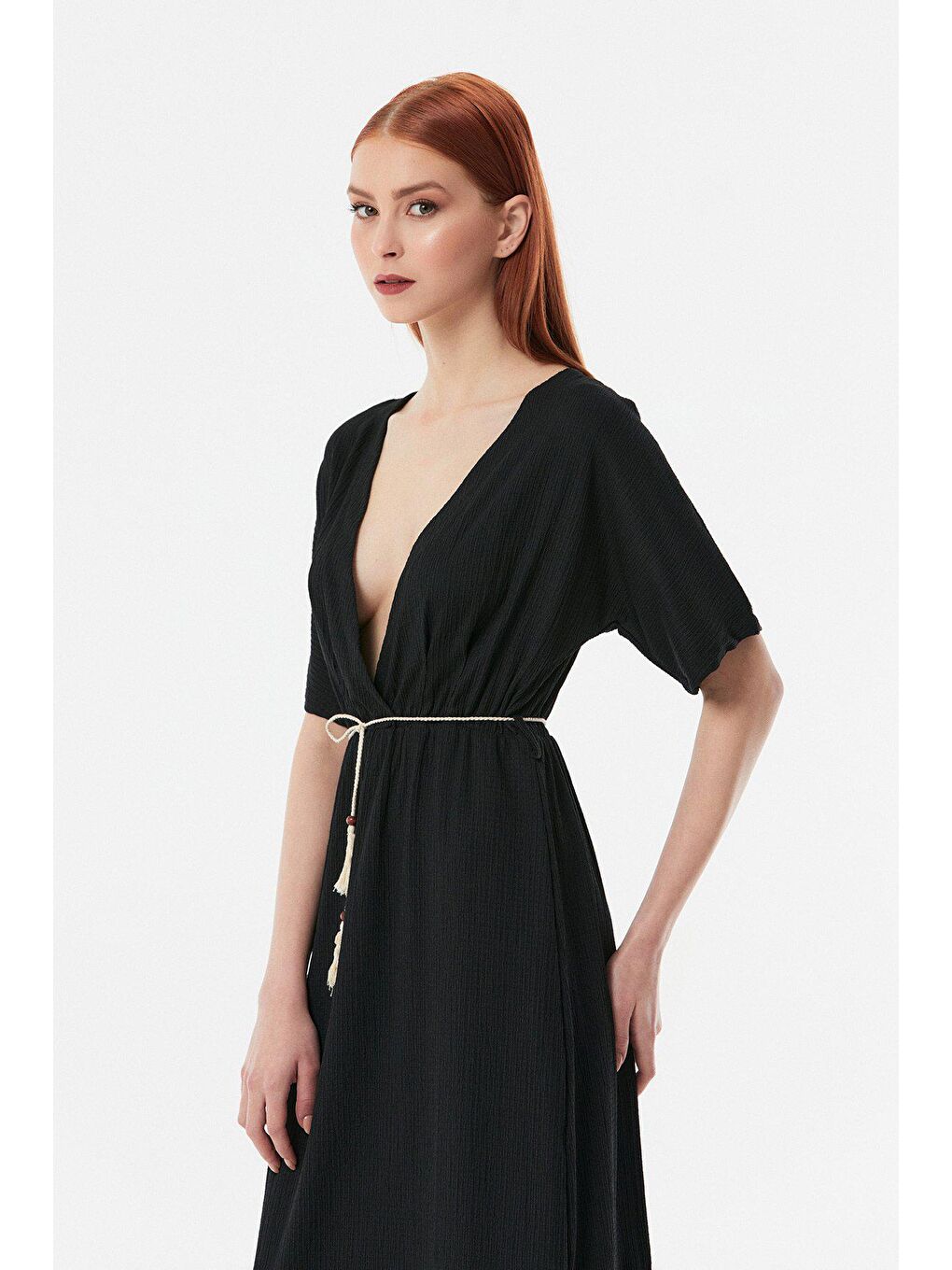 Siyah Bürümcük Kumaş İp Kemerli Elbise-1