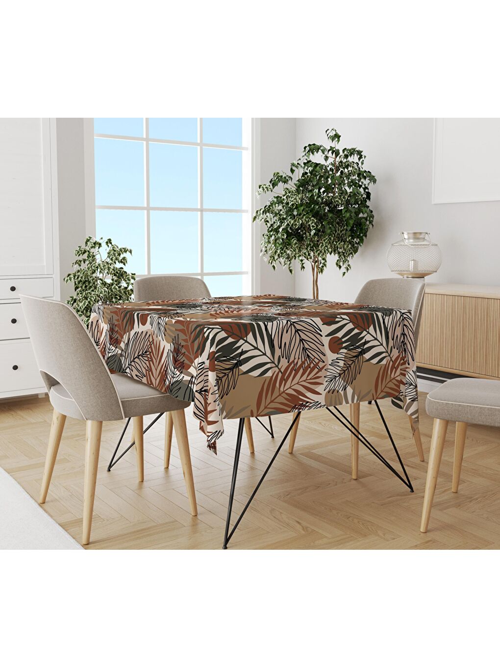 Karışık Yaprak Desenli Masa Örtüsü Beyaz  140x200