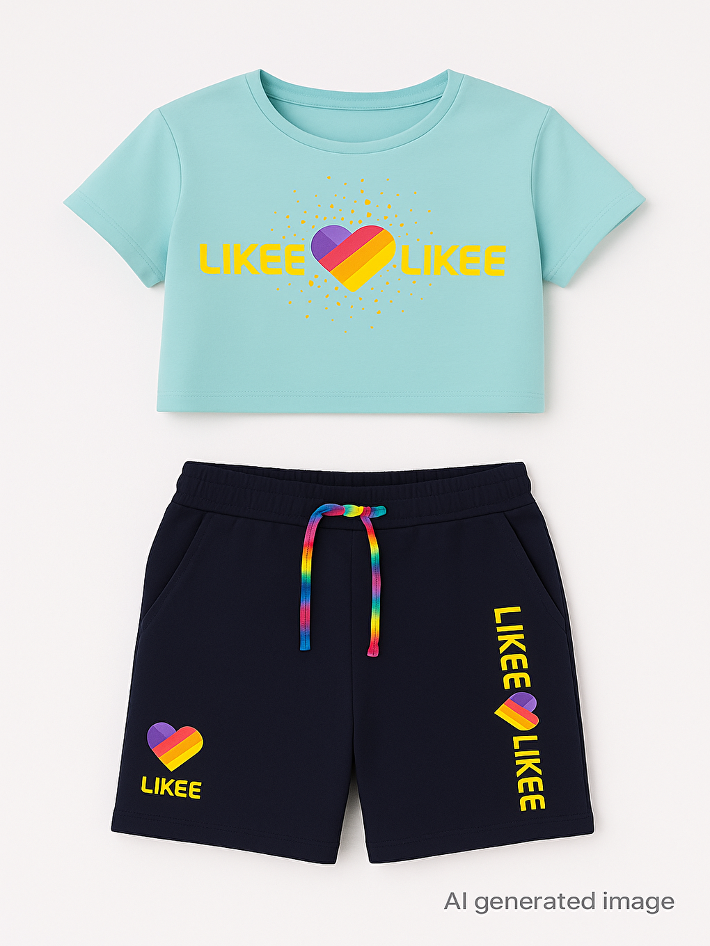 Turkuaz Kız Çocuk Likee Baskılı Cebi Şortlu Takım