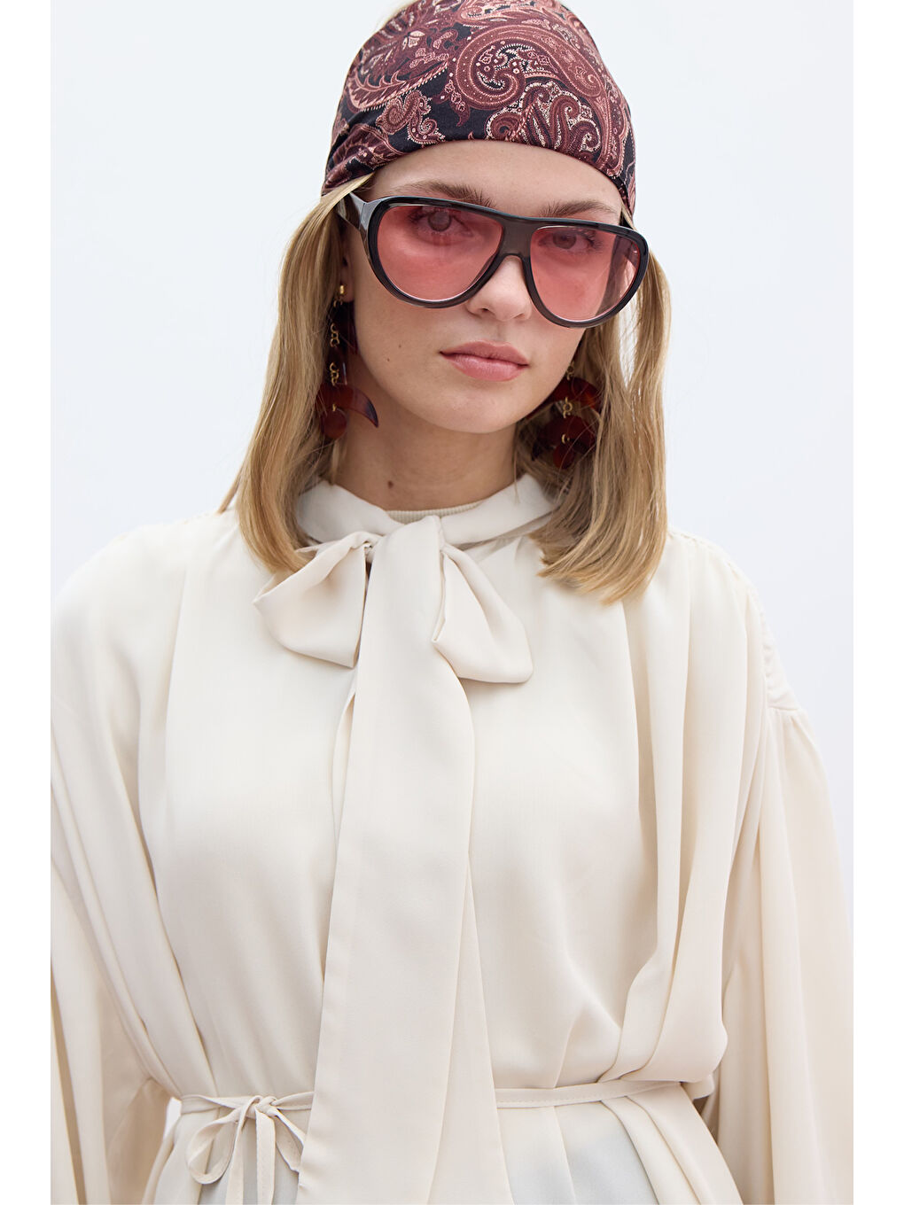 Bağlamalı Balon Kol Gömlek Bej-1