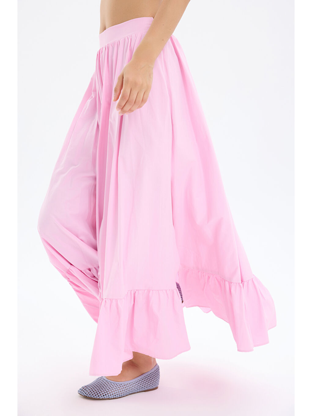 Pile Detaylı Yırtmaçlı Midi Boy Etek Pembe-2