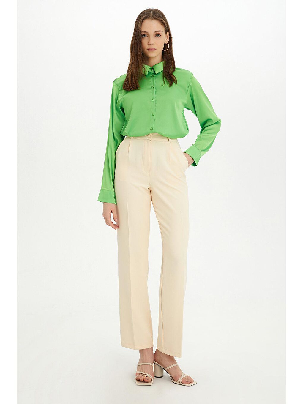 Yeşil Uzun Kollu Saten Gömlek-1