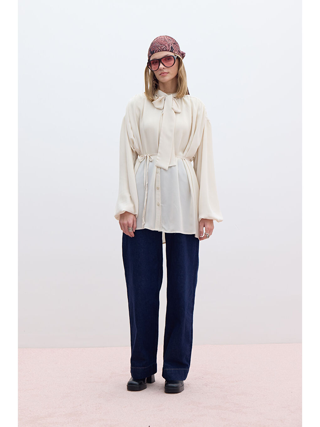 Bağlamalı Balon Kol Gömlek Bej-2