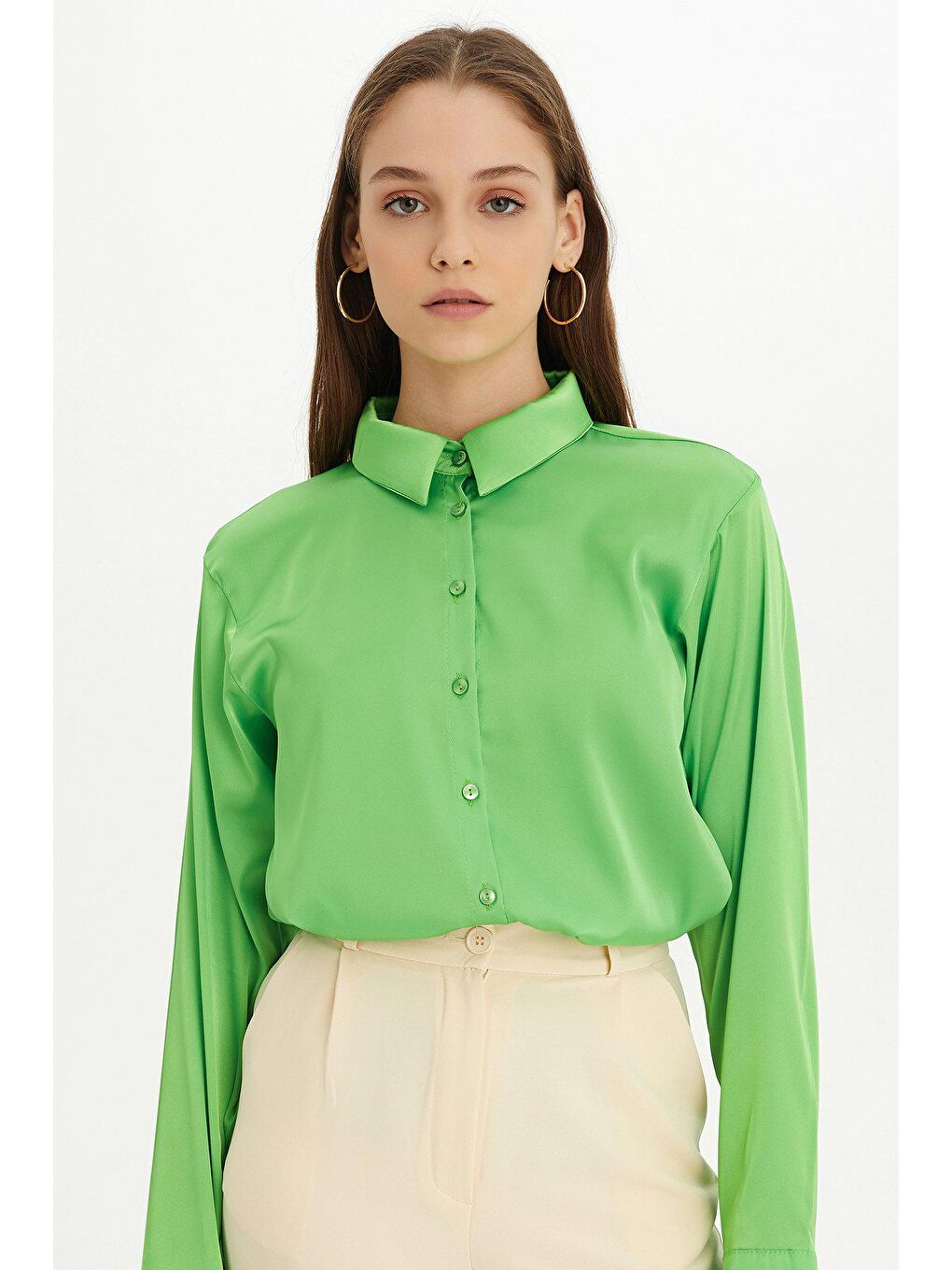 Yeşil Uzun Kollu Saten Gömlek-2