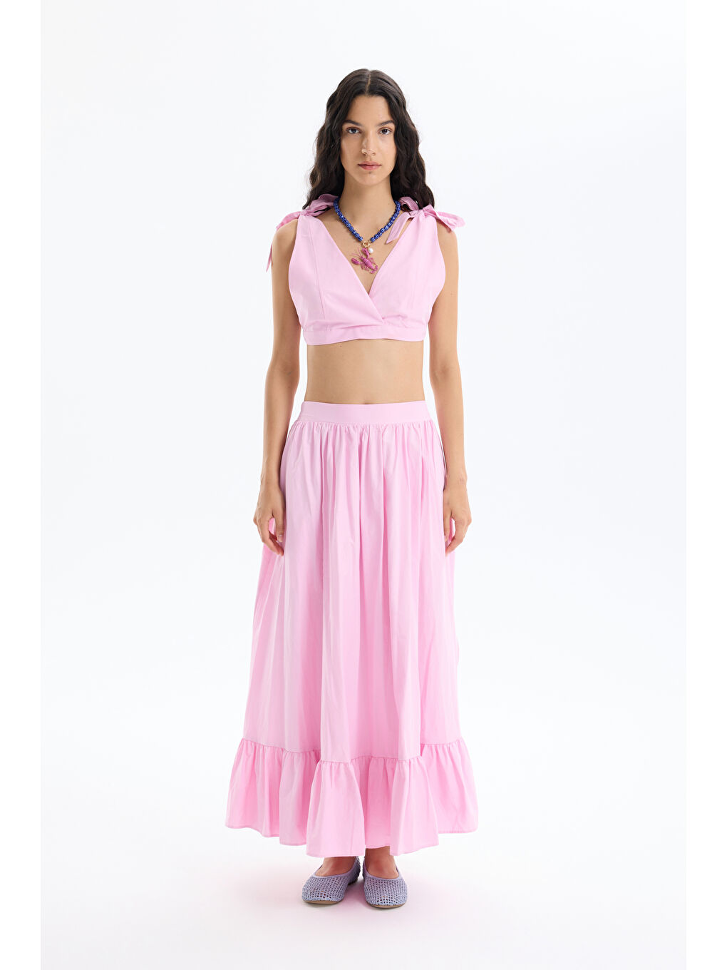 Pile Detaylı Yırtmaçlı Midi Boy Etek Pembe-3