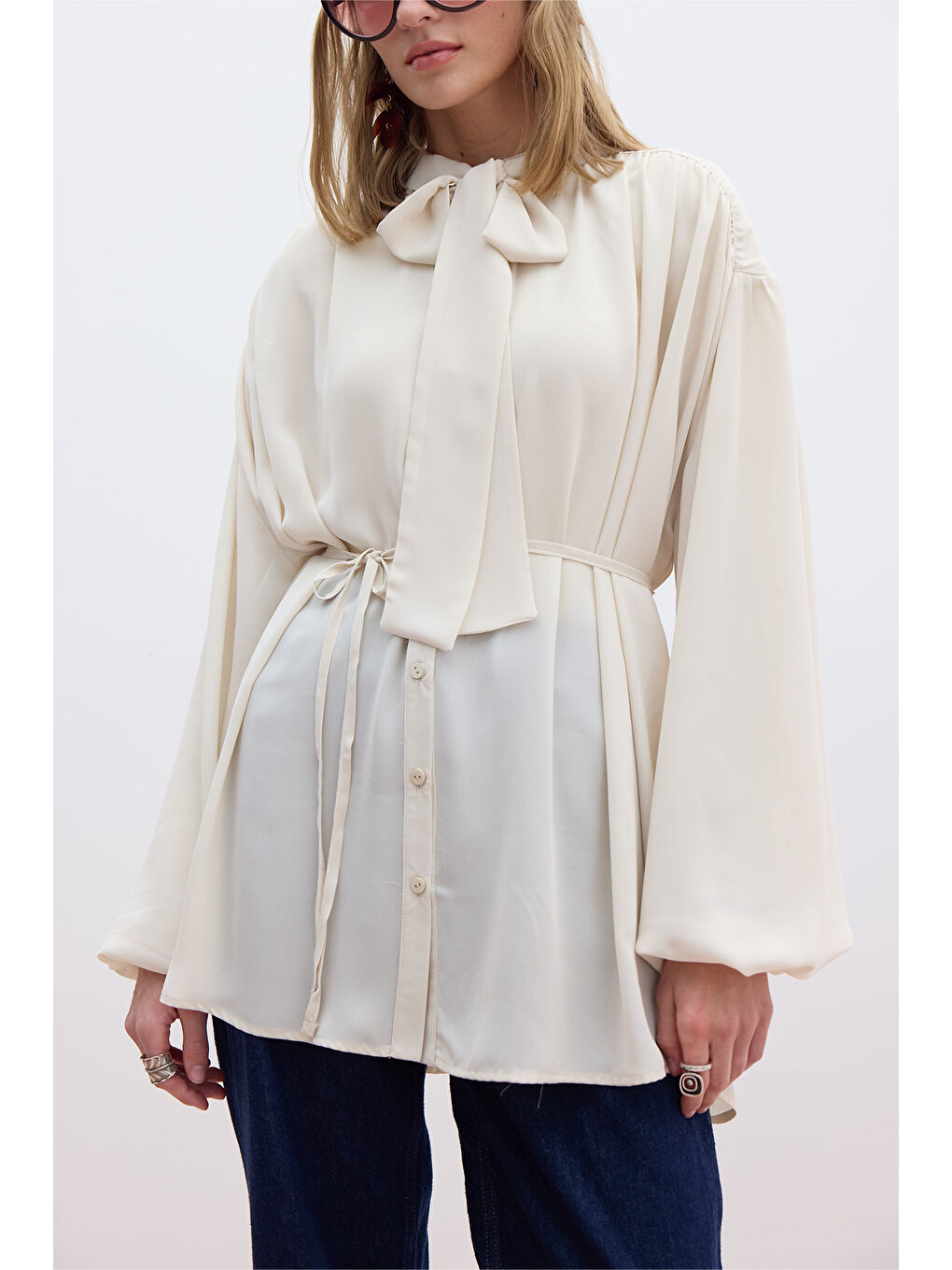 Bağlamalı Balon Kol Gömlek Bej-3