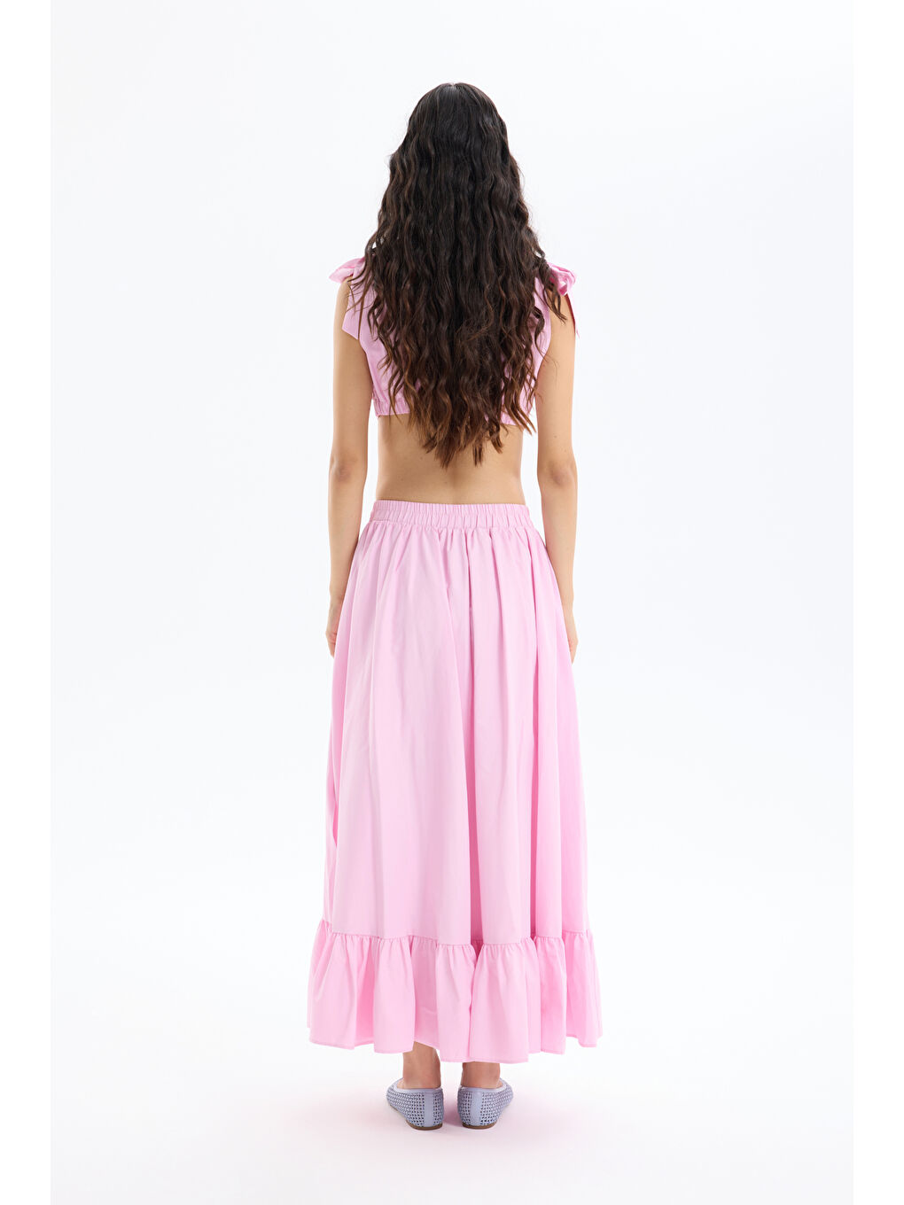 Pile Detaylı Yırtmaçlı Midi Boy Etek Pembe-4