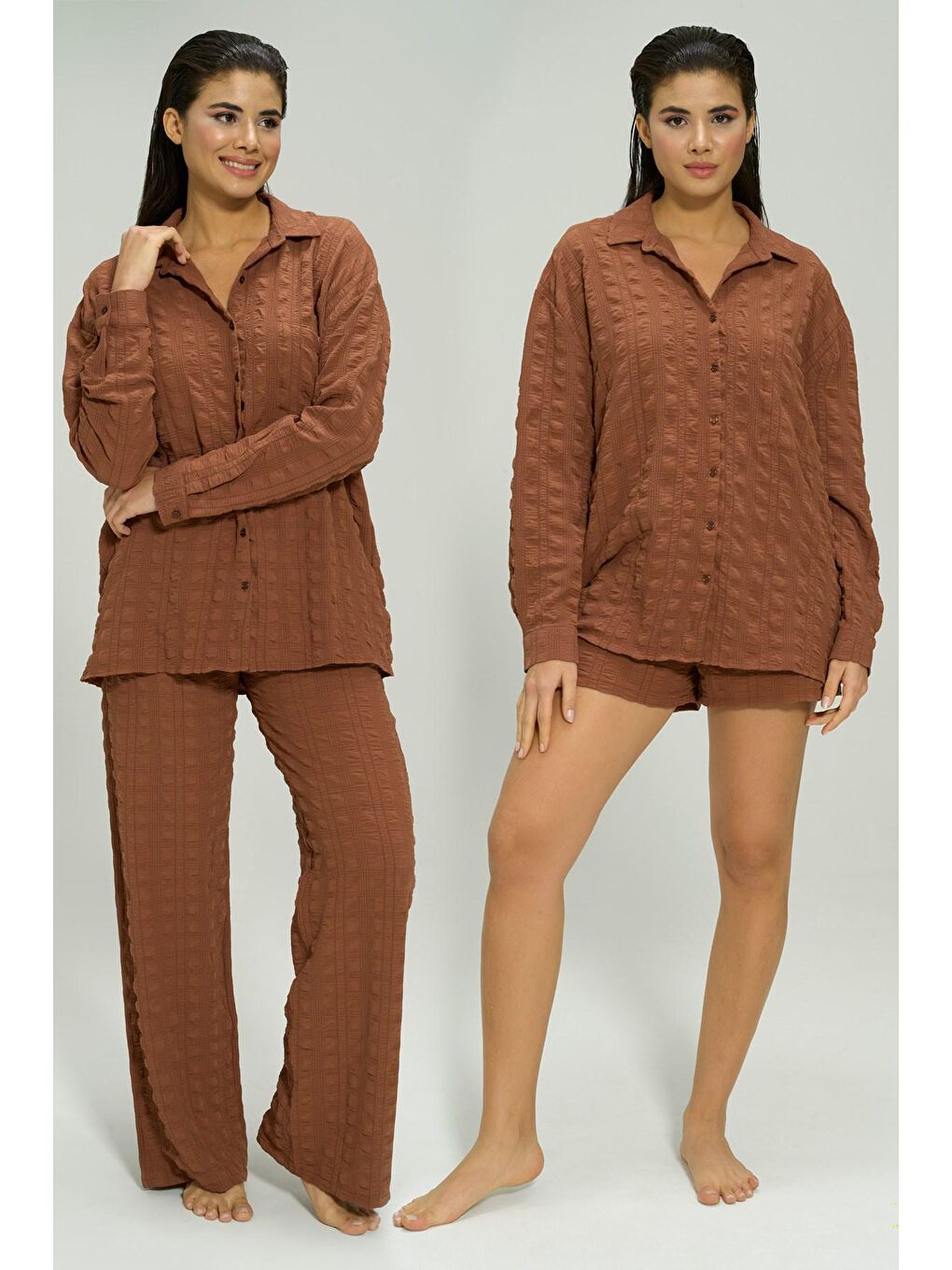 Kahverengi 3 lü Waffle Kumaş Pijama Takımı