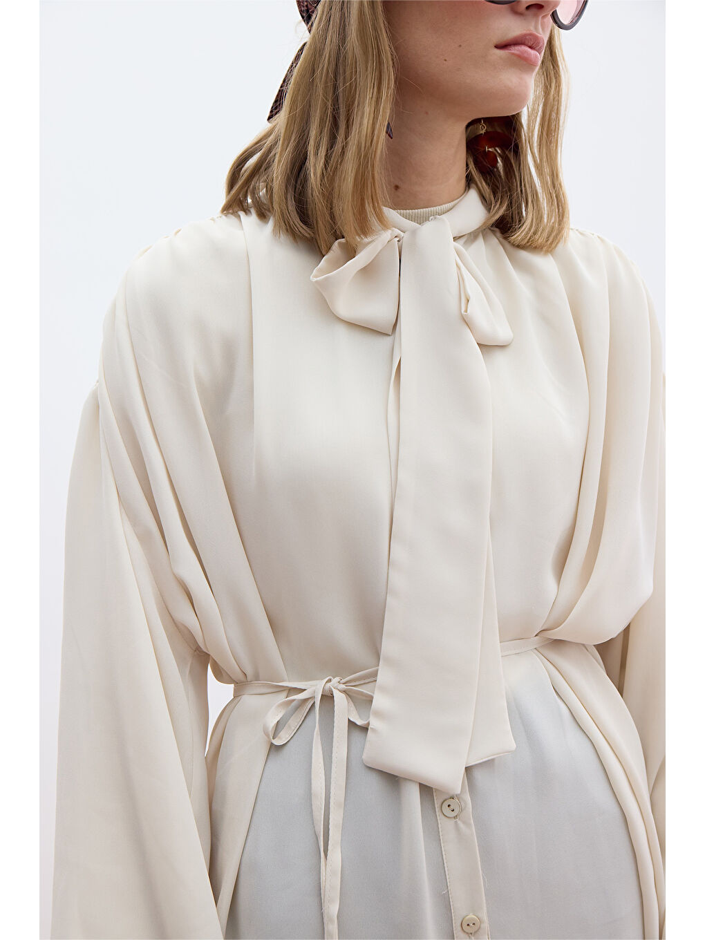 Bağlamalı Balon Kol Gömlek Bej-4