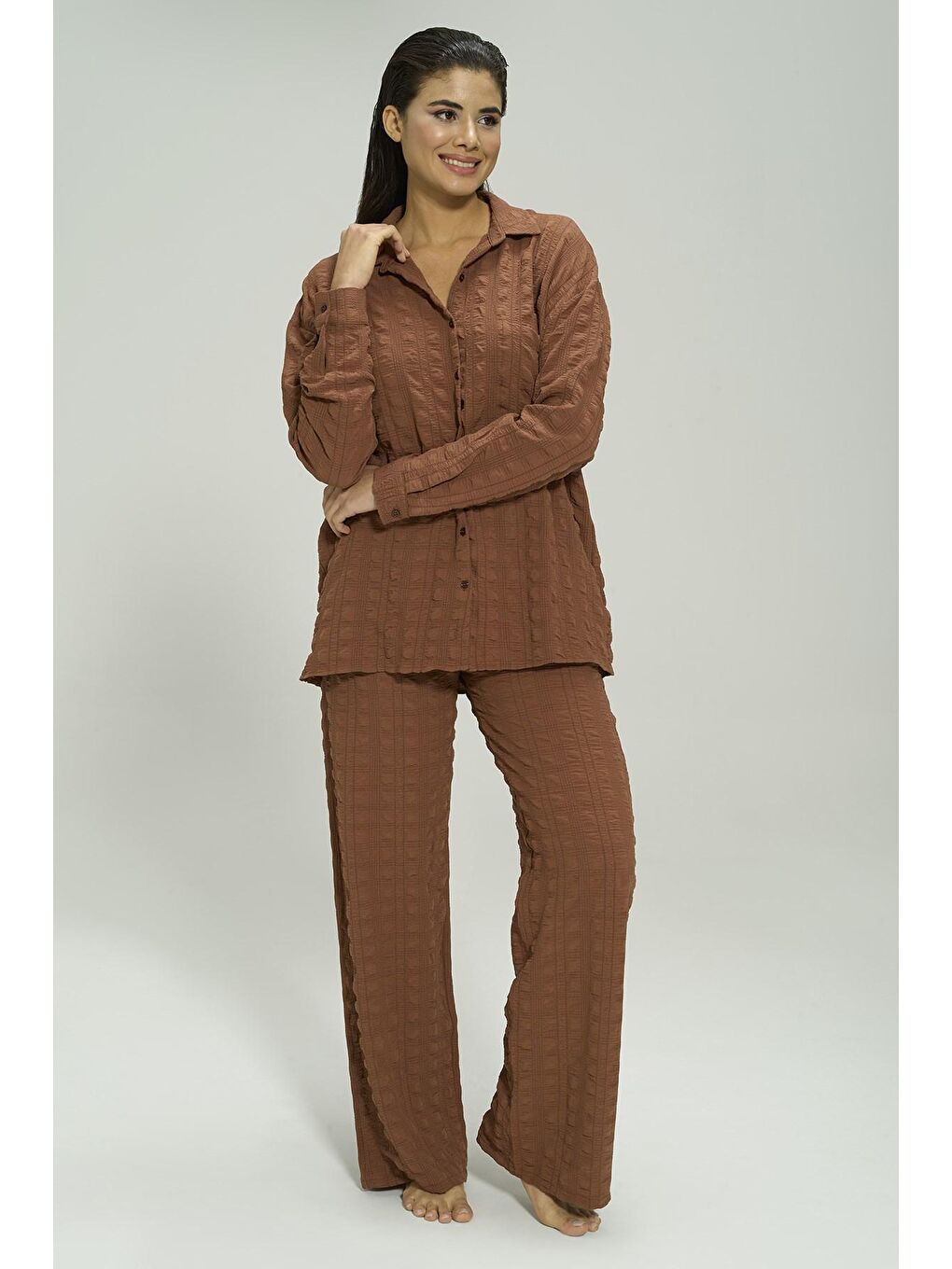 Kahverengi 3 lü Waffle Kumaş Pijama Takımı-1