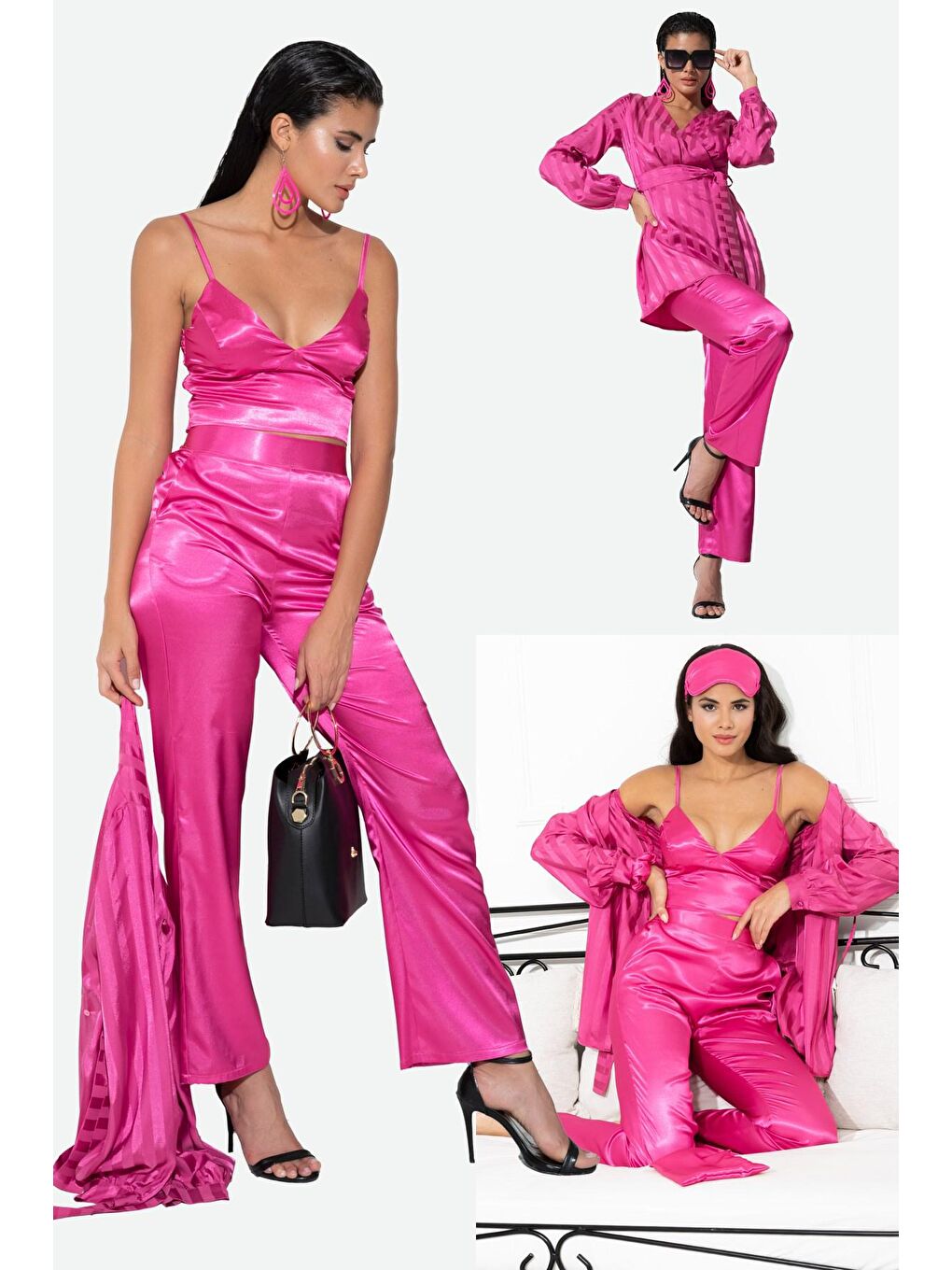 Fuşya 4'lü Saten Pembe Kendinden Desenli Pijama Takım