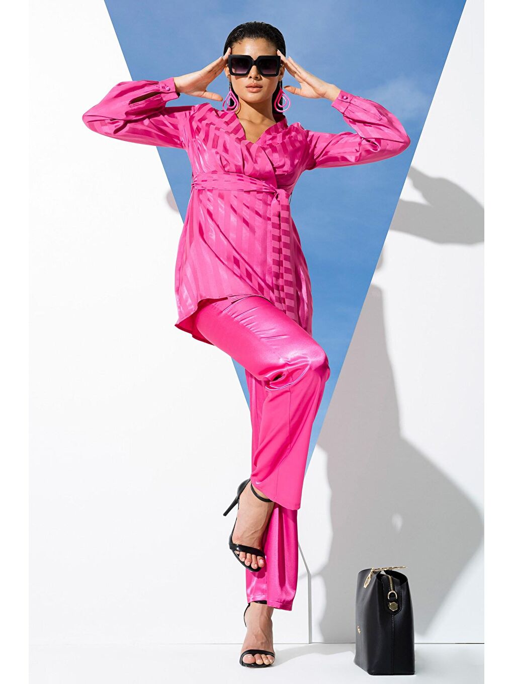 Fuşya 4'lü Saten Pembe Kendinden Desenli Pijama Takım-1