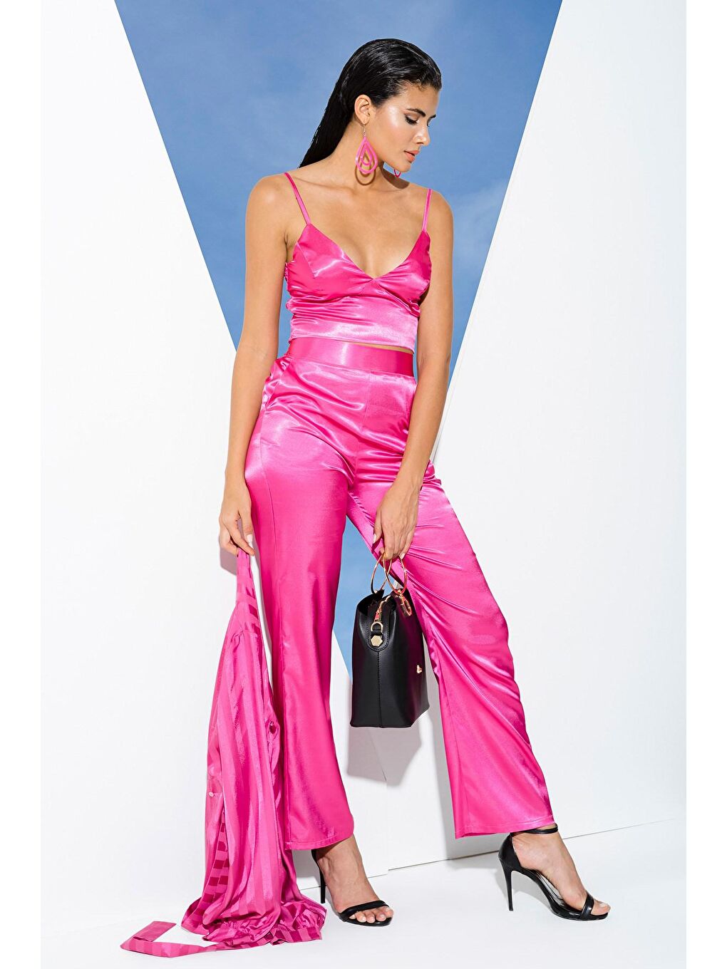 Fuşya 4'lü Saten Pembe Kendinden Desenli Pijama Takım-2