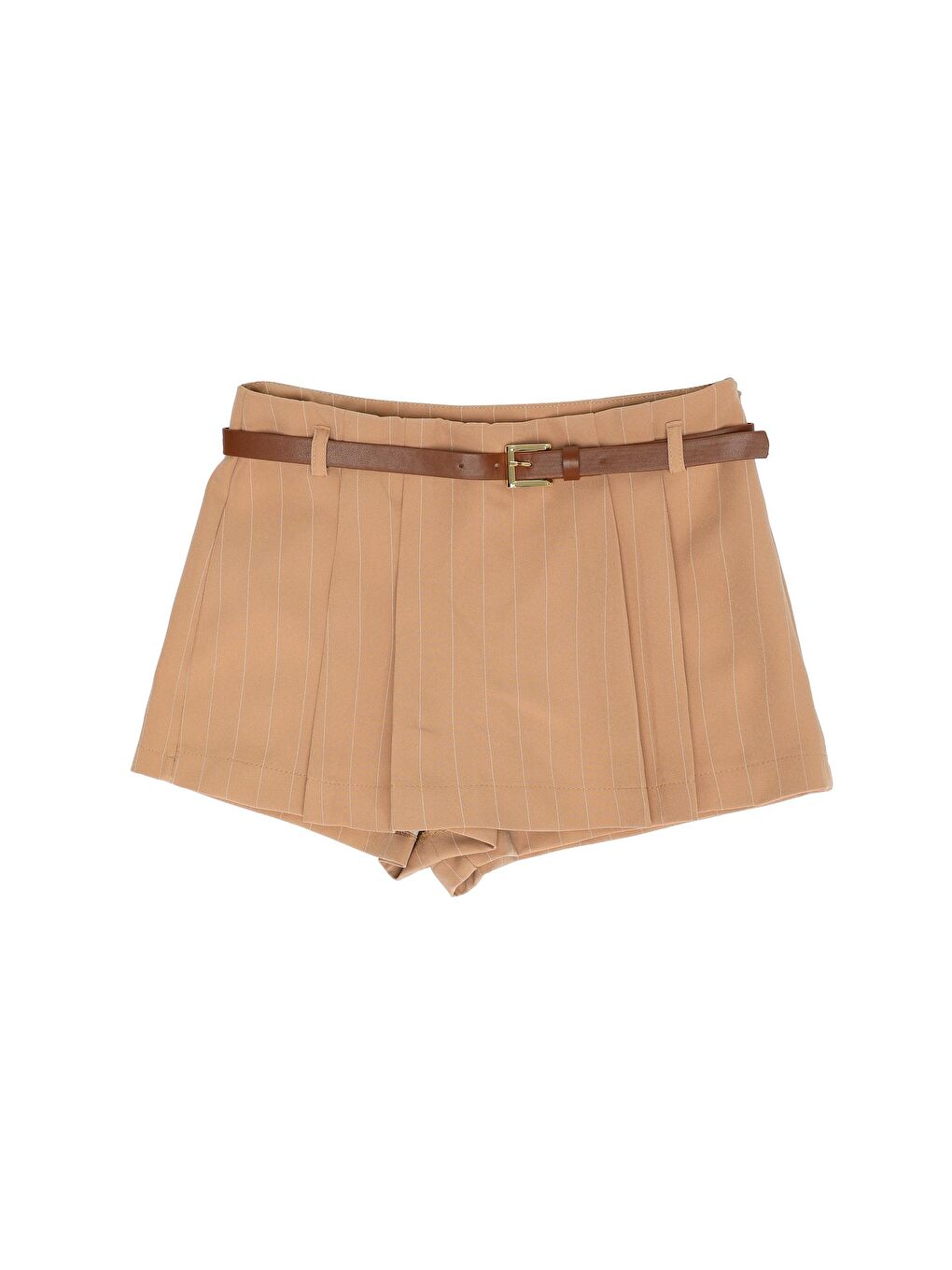 Kemer Detaylı Çizgili Şort Etek Bej-1
