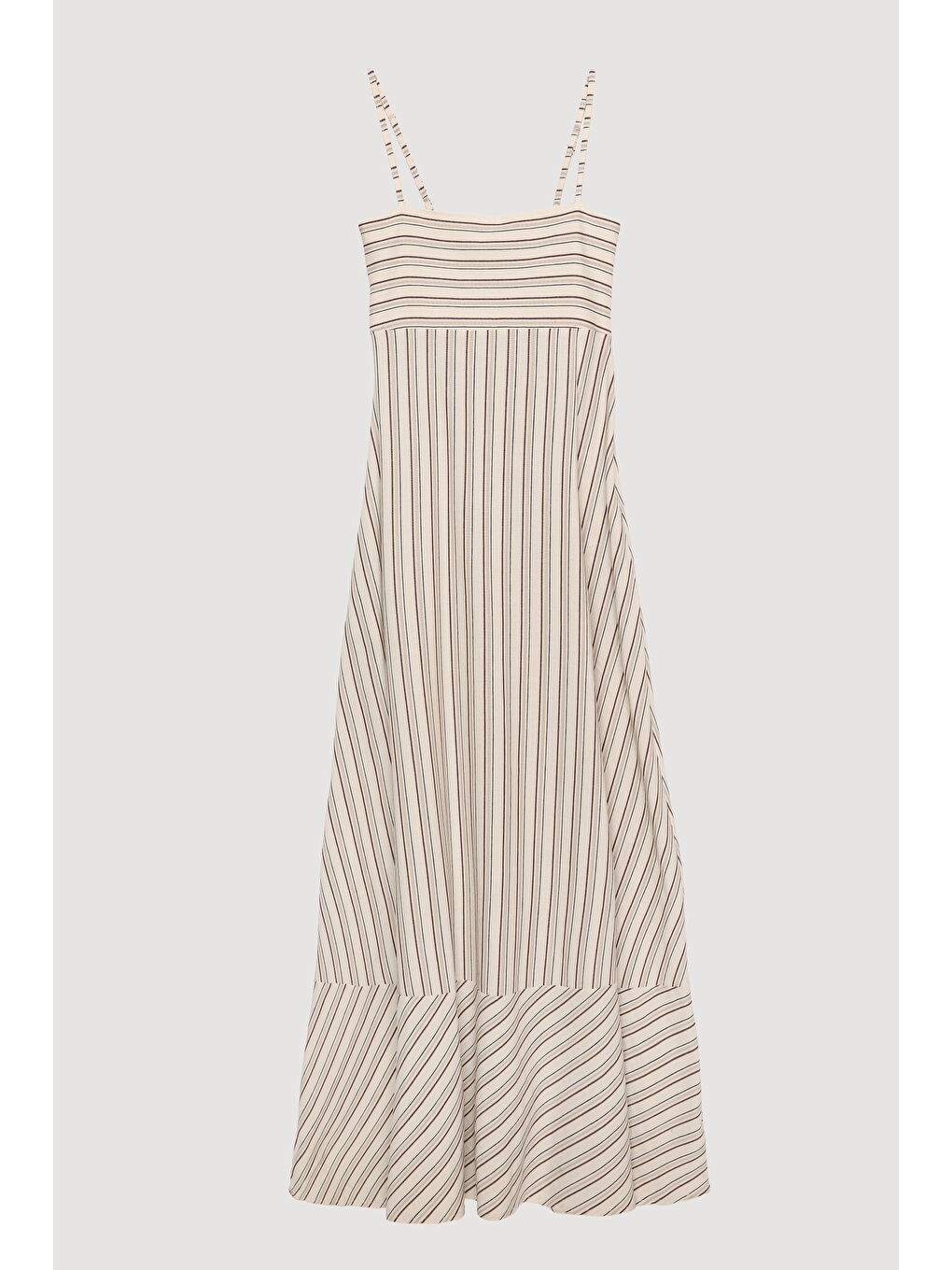 Bej İnce Çizgili Etek Ucu Volanlı Askılı Uzun Elbise Naturel-1