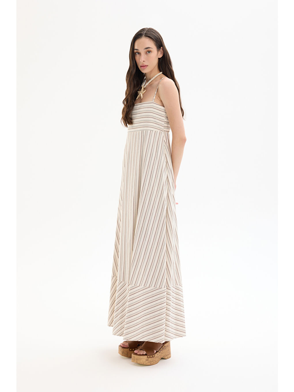 Bej İnce Çizgili Etek Ucu Volanlı Askılı Uzun Elbise Naturel-3