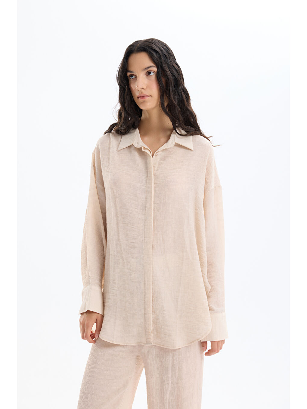 Bej Düğmeli Oversize Dokulu Gömlek Taş