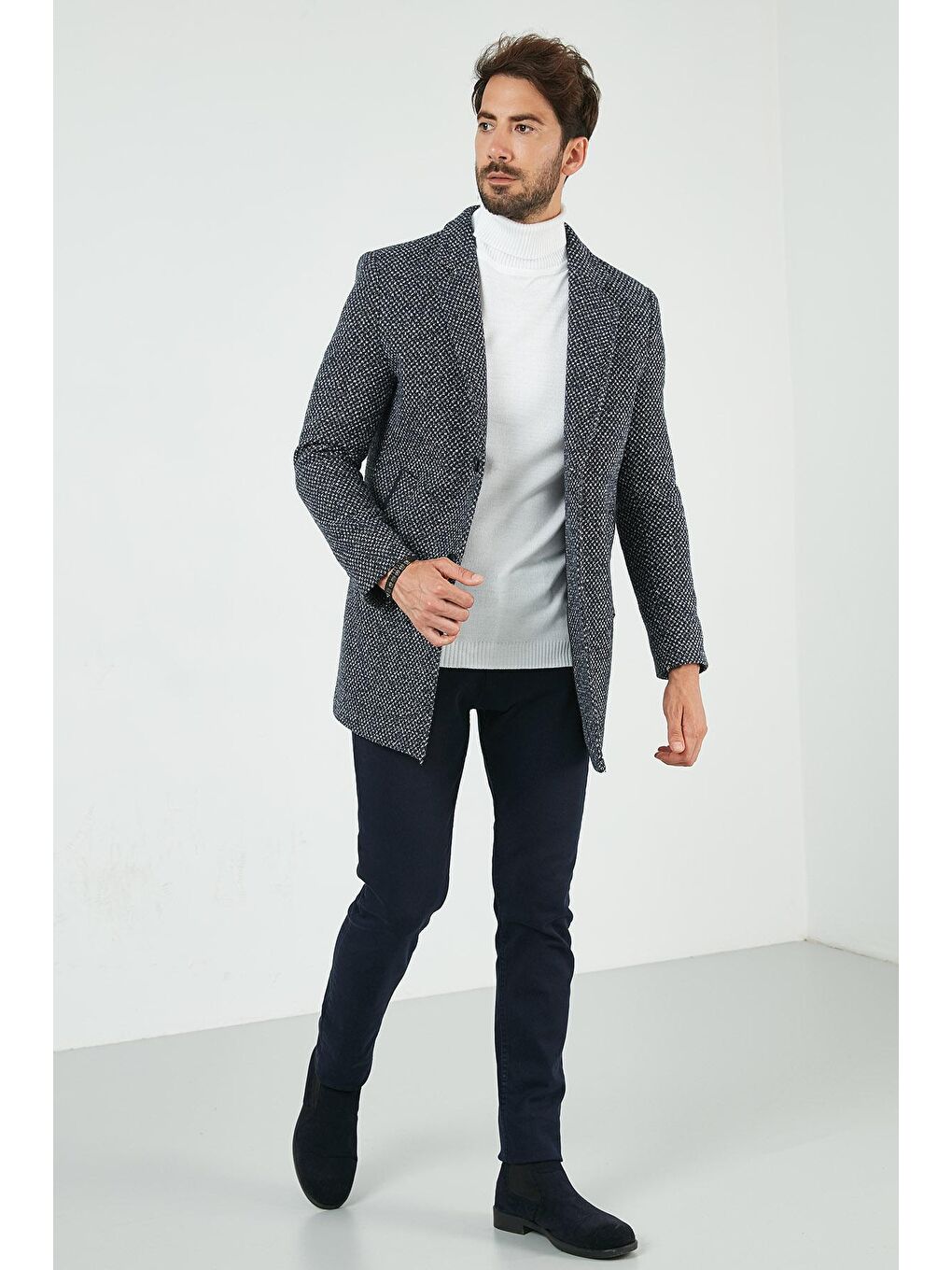 Buratti Lacivert Slim Fit Tek Yırtmaçlı Düğmeli Dik Yaka Erkek Kaşe Kaban 5840110