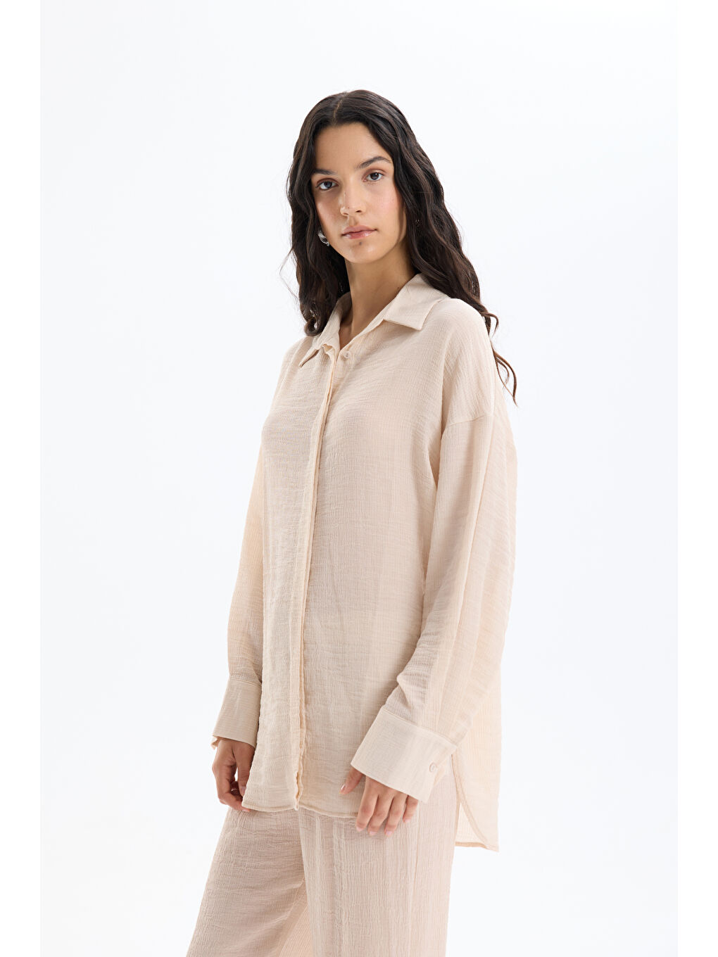 Bej Düğmeli Oversize Dokulu Gömlek Taş-2