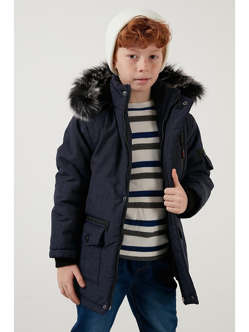 Lacivert İçi Peluş Astarlı Çıkarılabilir Kapüşonlu Cepli Kışlık Mont 5760019-3