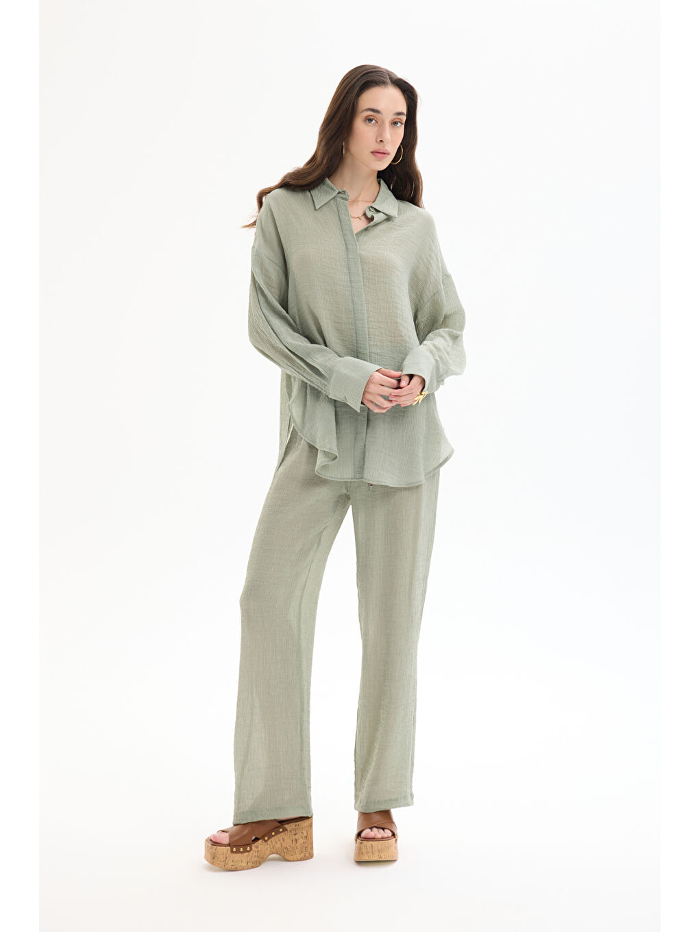 Düğmeli Oversize Dokulu Gömlek Haki-2