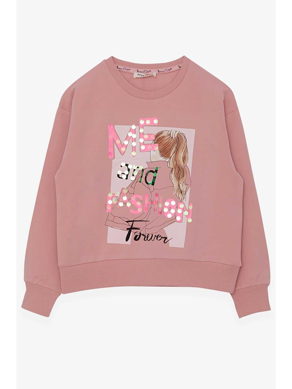 Pembe Kız Çocuk Sweatshirt Pullu Kız Baskılı Somon (8-9 Yaş)
