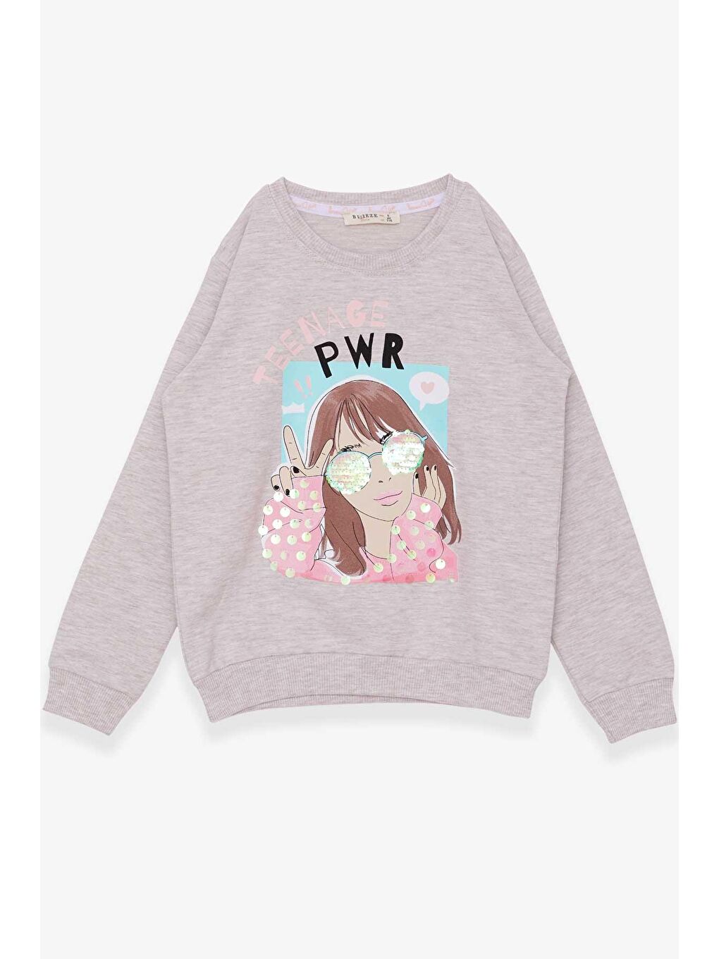 Kız Çocuk Sweatshirt Gözlüklü Pullu Kız Baskılı Bej Melanj (6-12 Yaş)