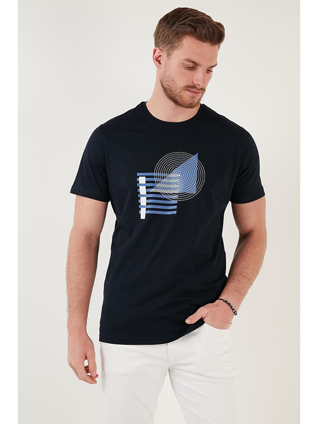 Lacivert Baskılı Bisiklet Yaka %100 Pamuk Slim Fit Tişört 646B3810