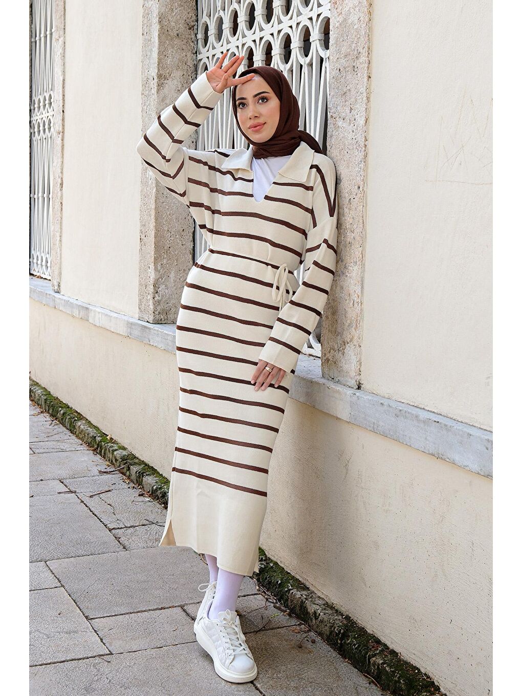 Kadın Çizgili Triko Elbise Kahverengi