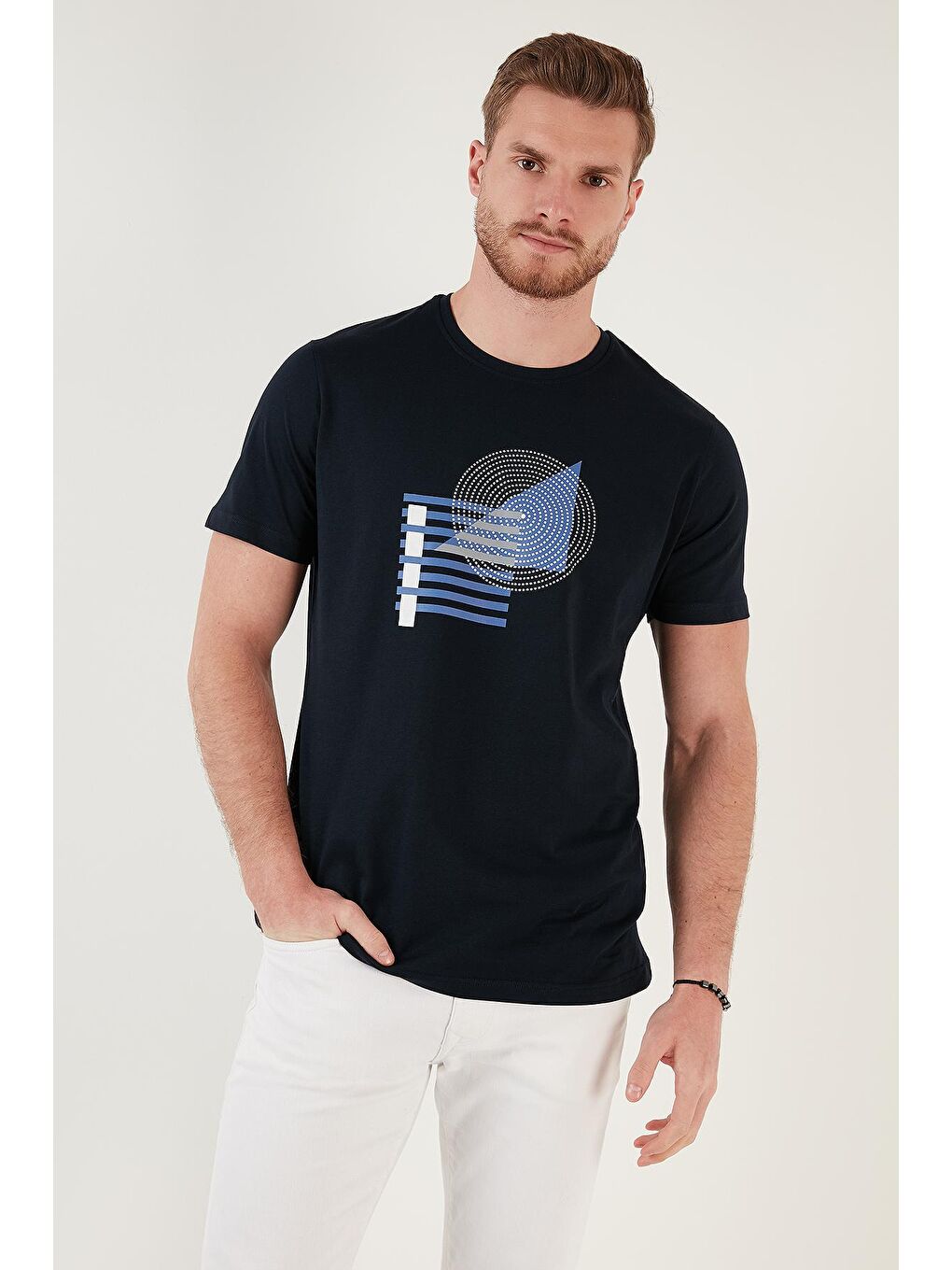 Lacivert Baskılı Bisiklet Yaka %100 Pamuk Slim Fit Tişört 646B3810-1