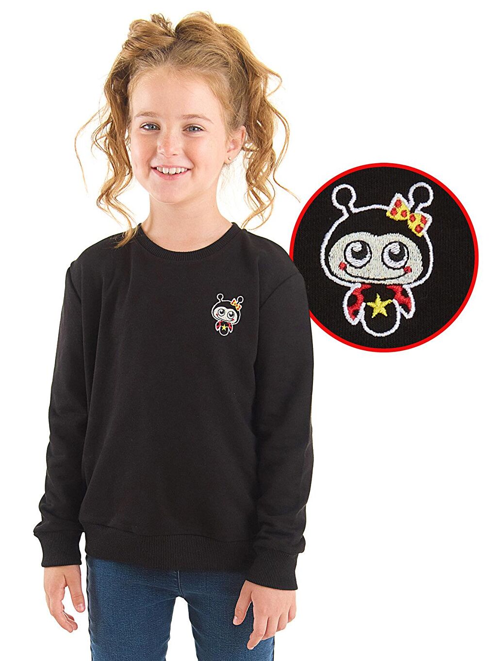 Denokids Siyah Uğurböceği Kız Çocuk Siyah Sweatshirt