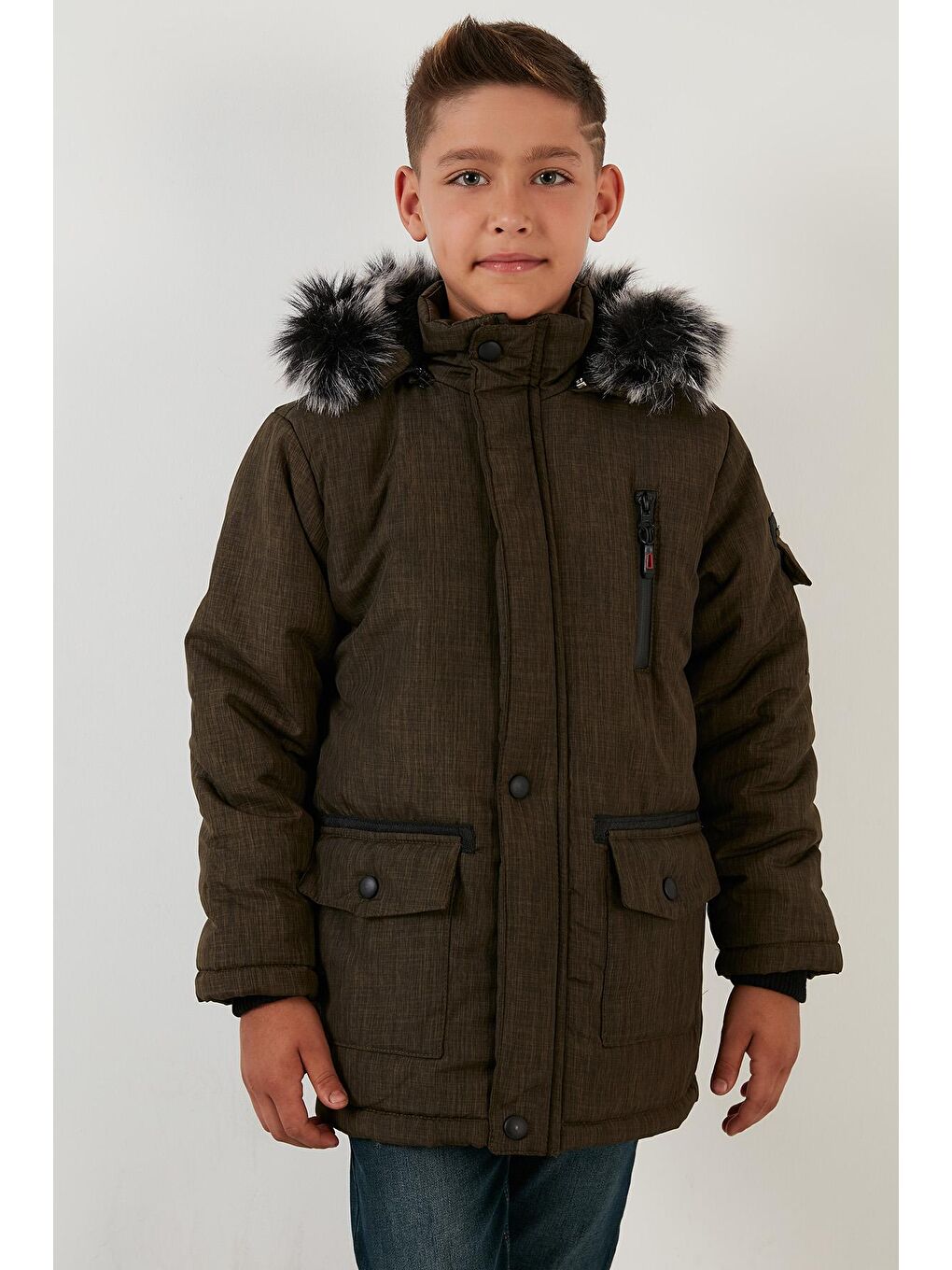 Haki İçi Peluş Astarlı Çıkarılabilir Kapüşonlu Cepli Kışlık Mont 5760019-2