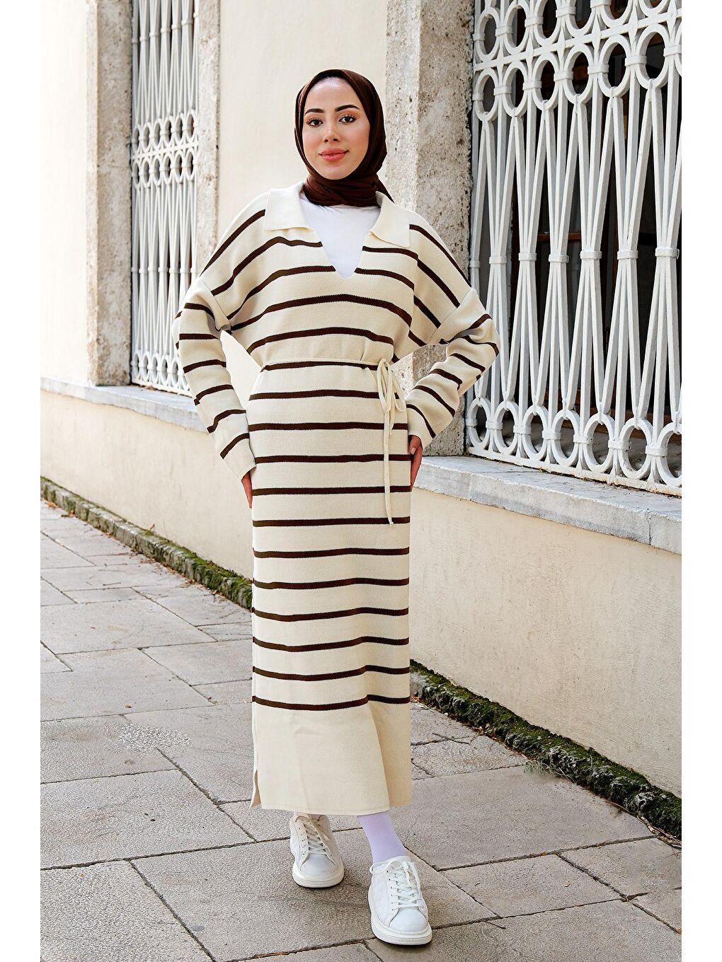 Kadın Çizgili Triko Elbise Kahverengi-1