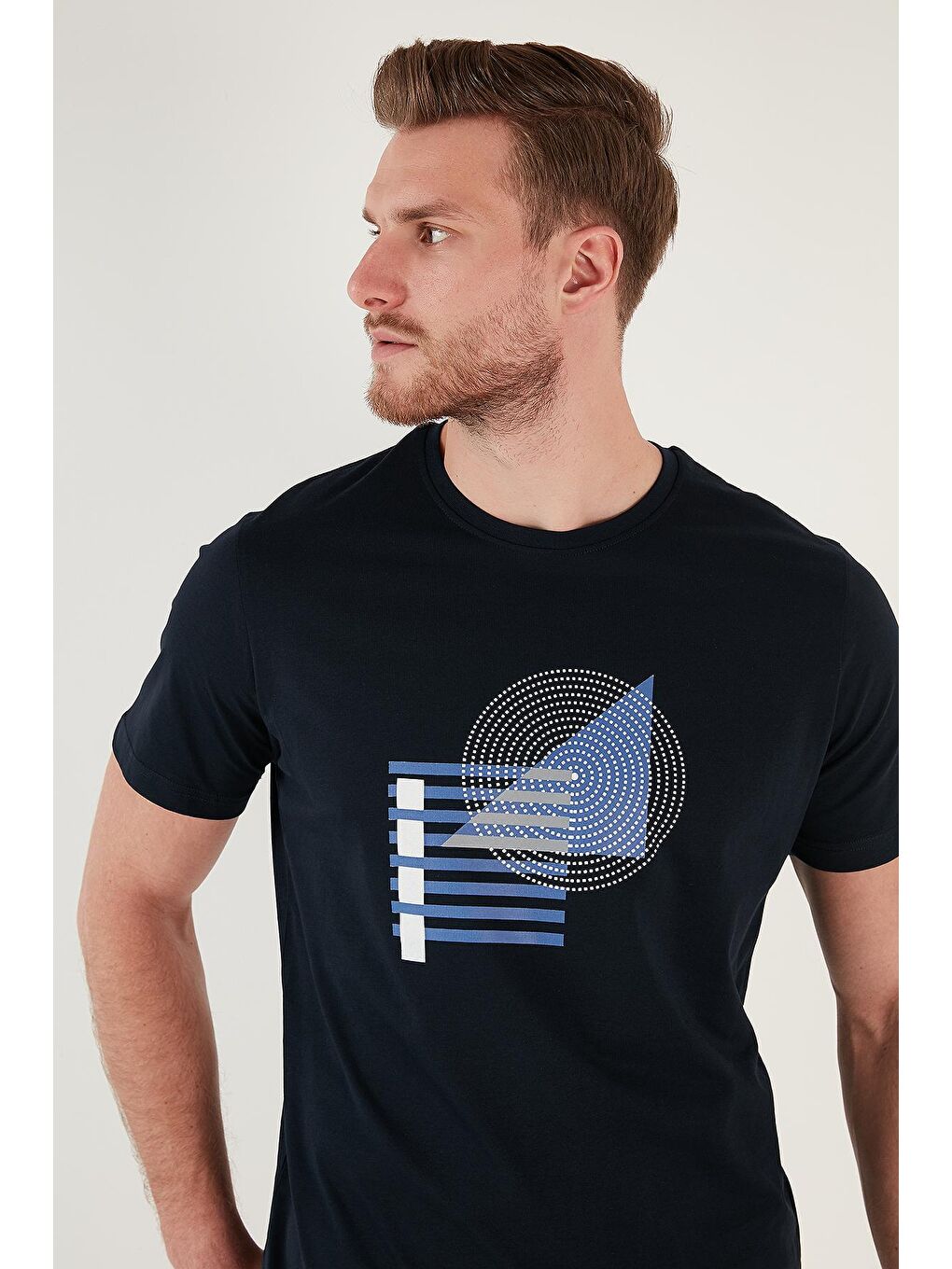 Lacivert Baskılı Bisiklet Yaka %100 Pamuk Slim Fit Tişört 646B3810-2