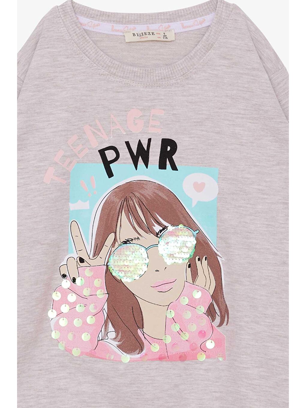 Kız Çocuk Sweatshirt Gözlüklü Pullu Kız Baskılı Bej Melanj (6-12 Yaş)-2