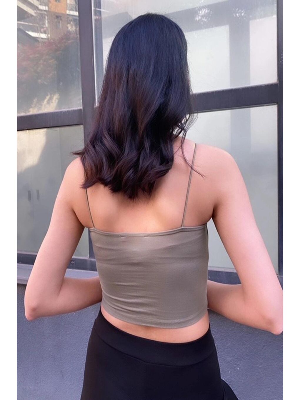 Haki Pamuklu İp Askılı Crop-2