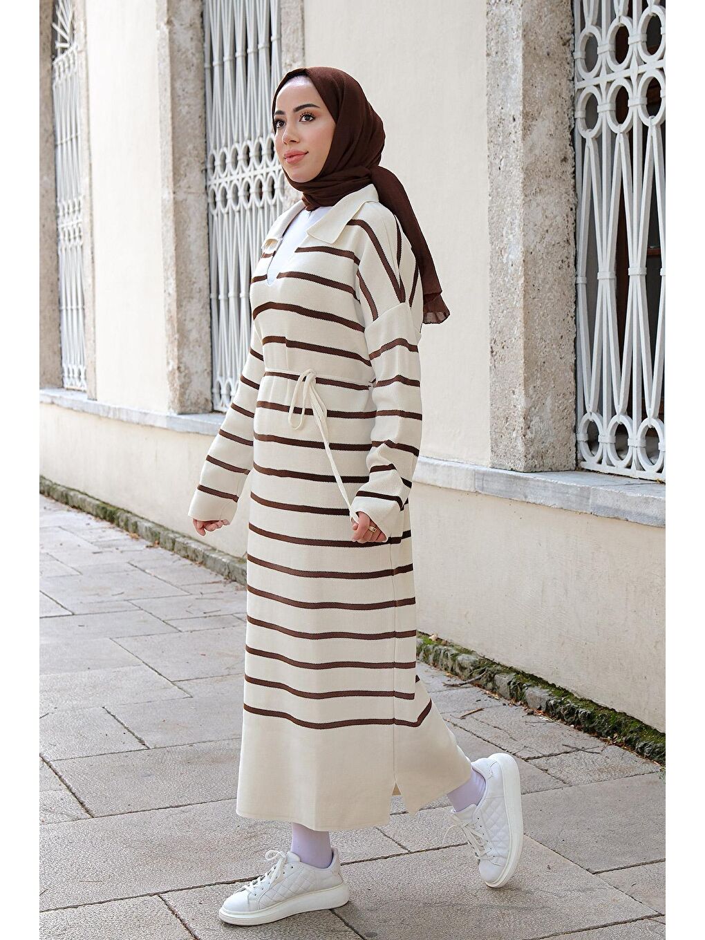 Kadın Çizgili Triko Elbise Kahverengi-2