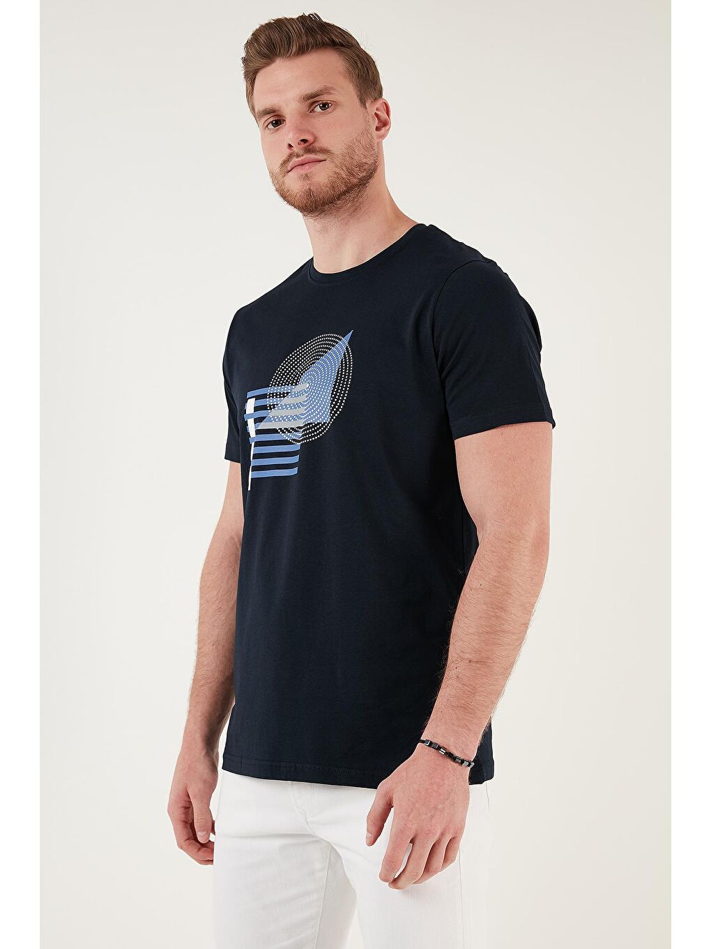 Lacivert Baskılı Bisiklet Yaka %100 Pamuk Slim Fit Tişört 646B3810-3