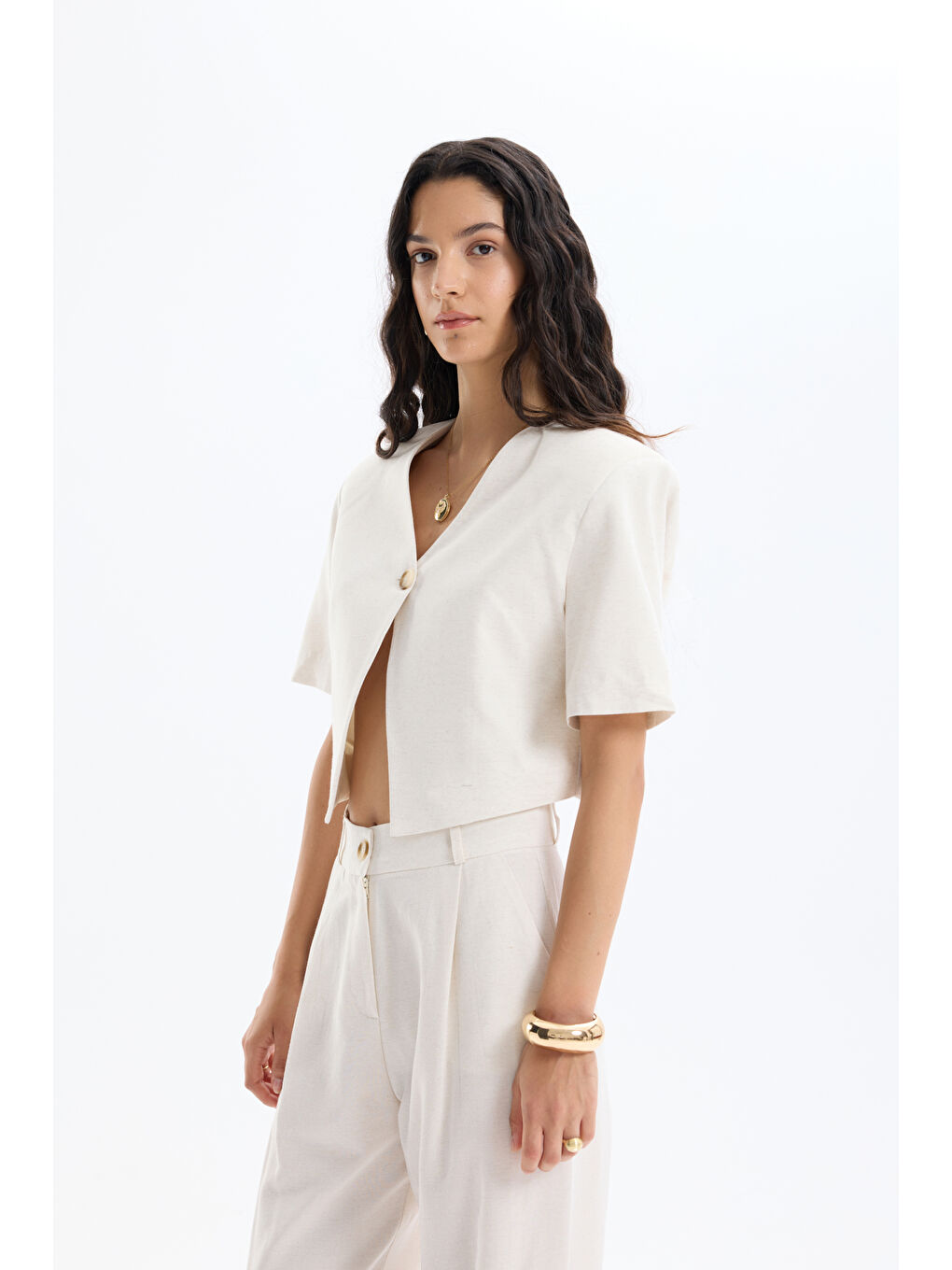 Bej Tek Düğmeli Kısa Kol Ceket Naturel-3