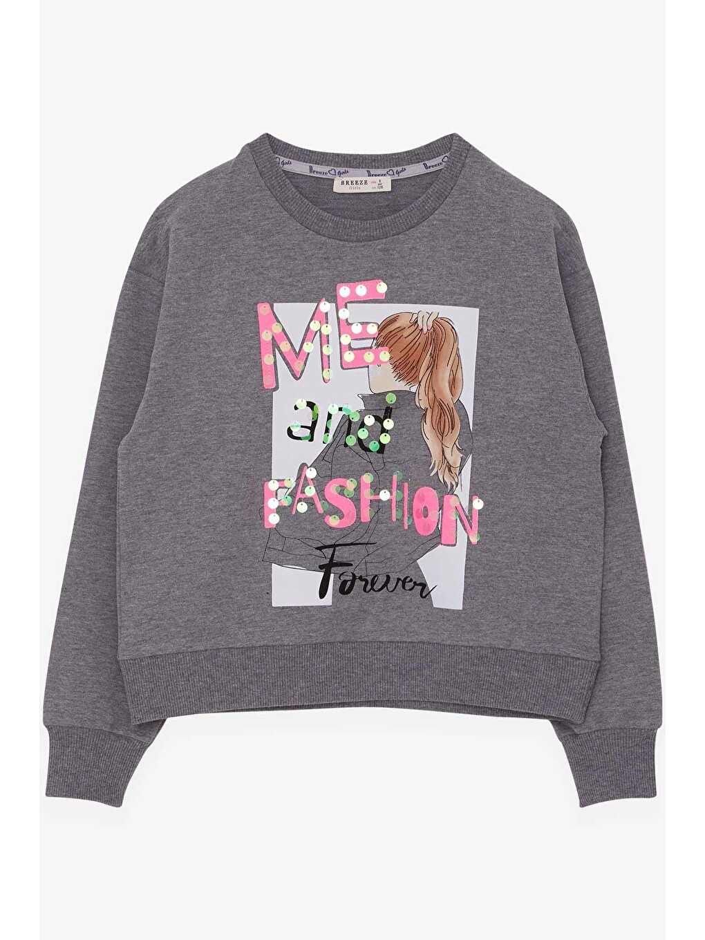 Kız Çocuk Sweatshirt Pullu Kız Baskılı Koyu Gri Melanj (9 Yaş