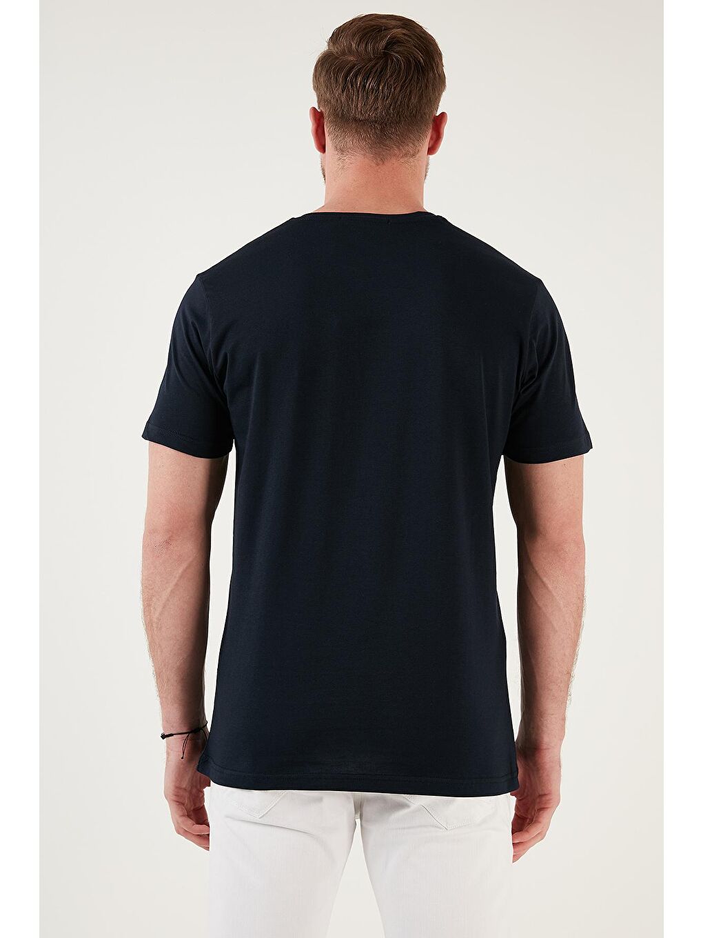 Lacivert Baskılı Bisiklet Yaka %100 Pamuk Slim Fit Tişört 646B3810-4