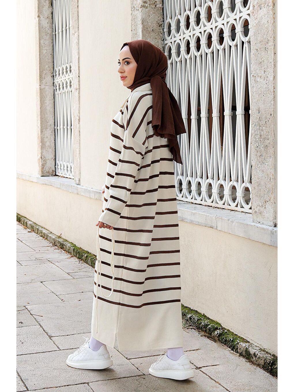 Kadın Çizgili Triko Elbise Kahverengi-3