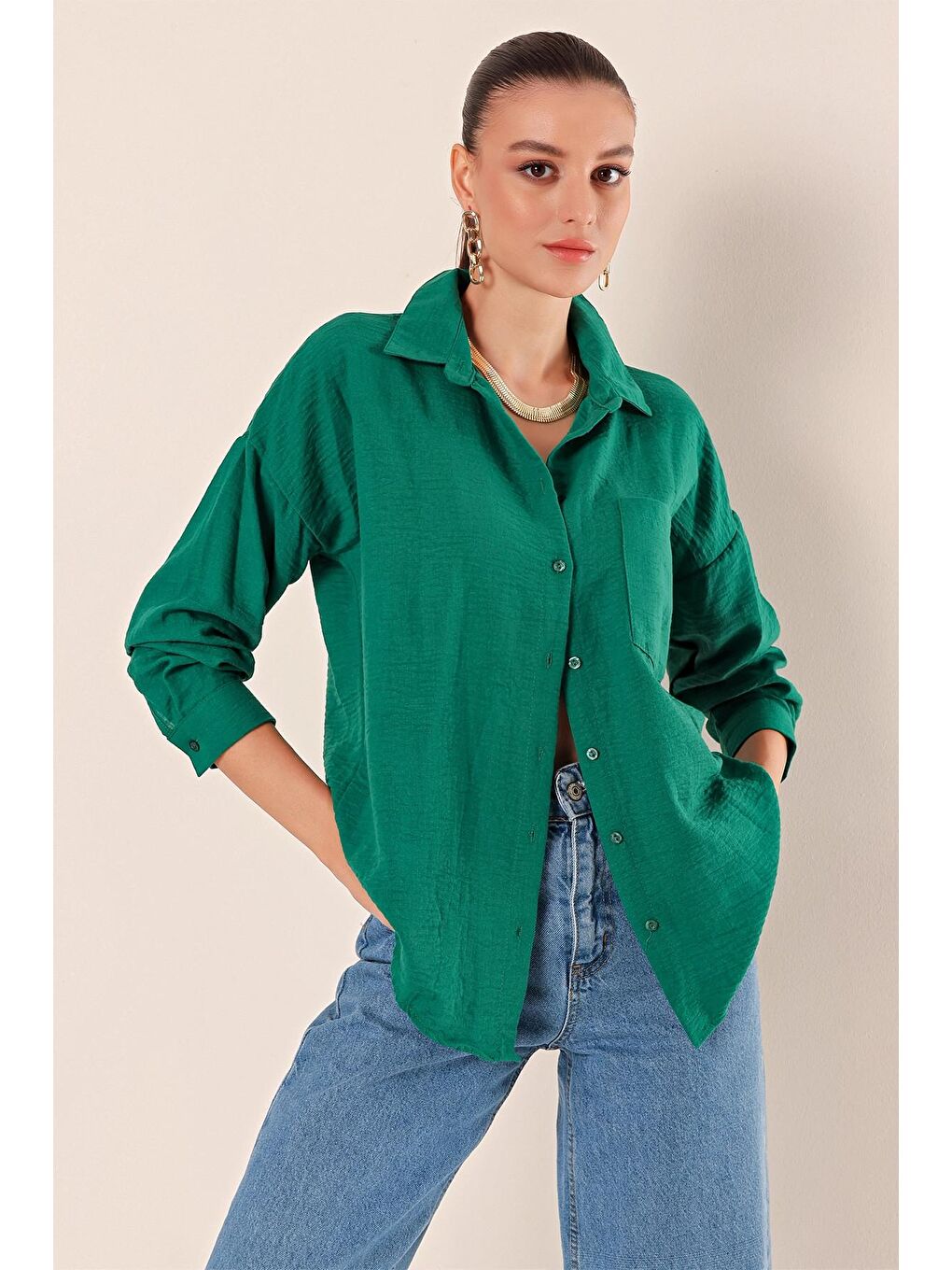 Zümrüt Yeşili Düşük Omuz Cepli Oversize Gömlek