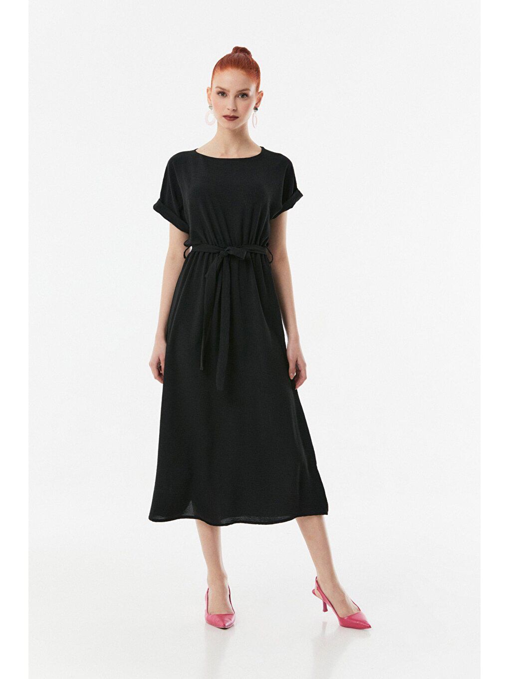 Siyah Beli Kuşaklı Duble Kol Ayrobin Kumaş Elbise