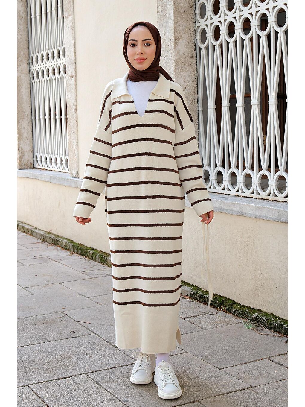 Kadın Çizgili Triko Elbise Kahverengi-4