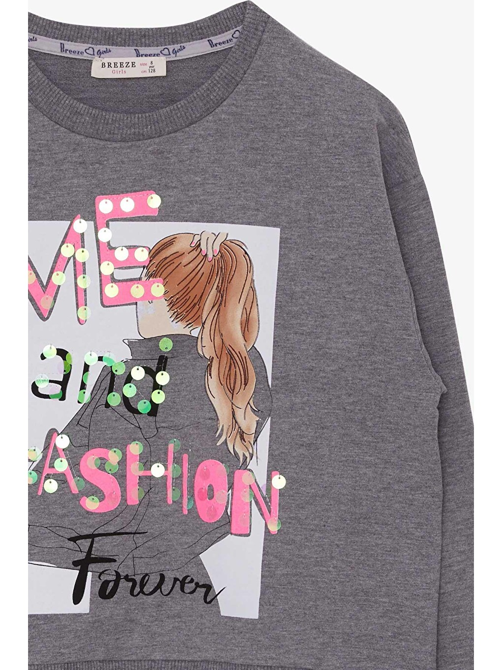 Kız Çocuk Sweatshirt Pullu Kız Baskılı Koyu Gri Melanj (9 Yaş-2