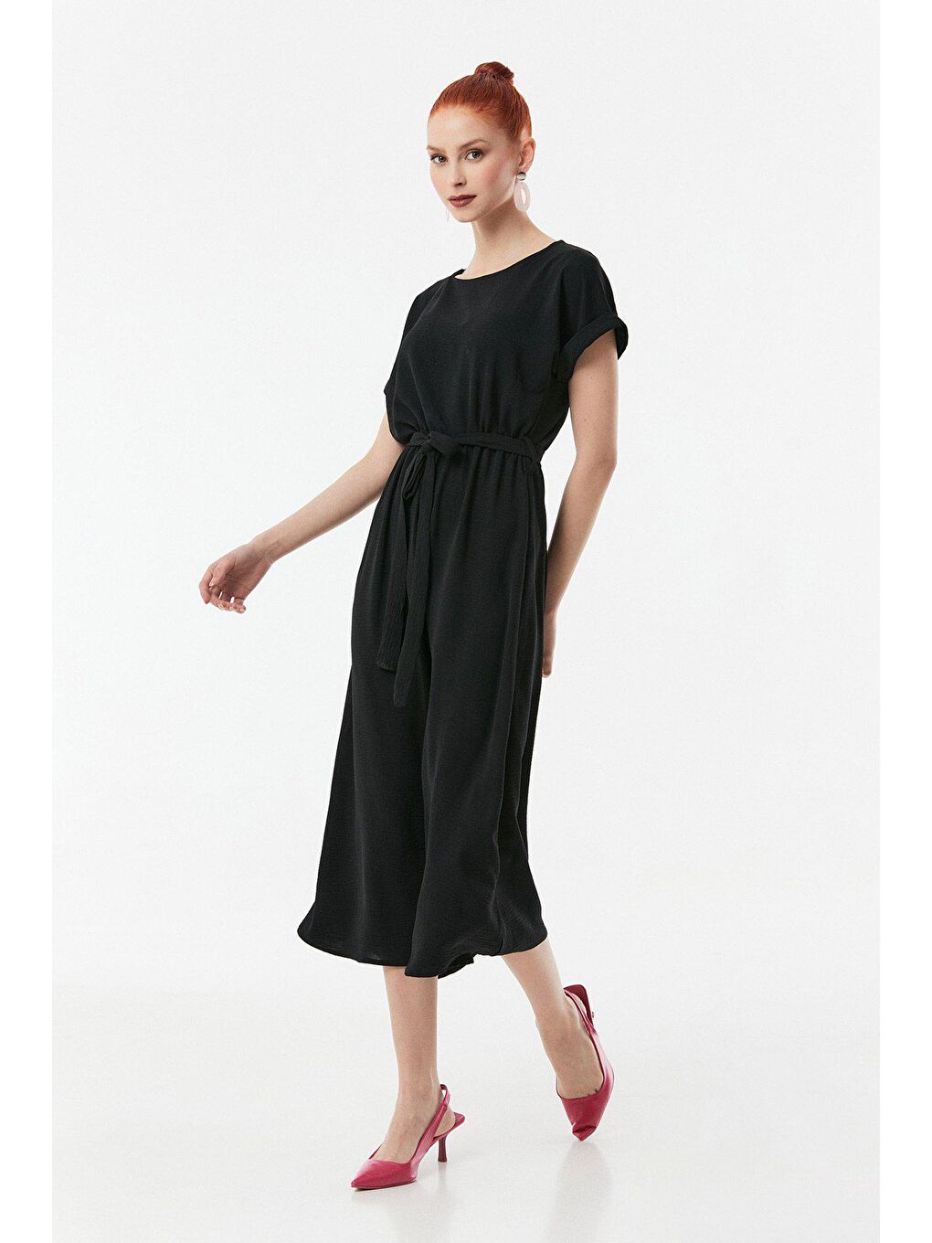 Siyah Beli Kuşaklı Duble Kol Ayrobin Kumaş Elbise-3