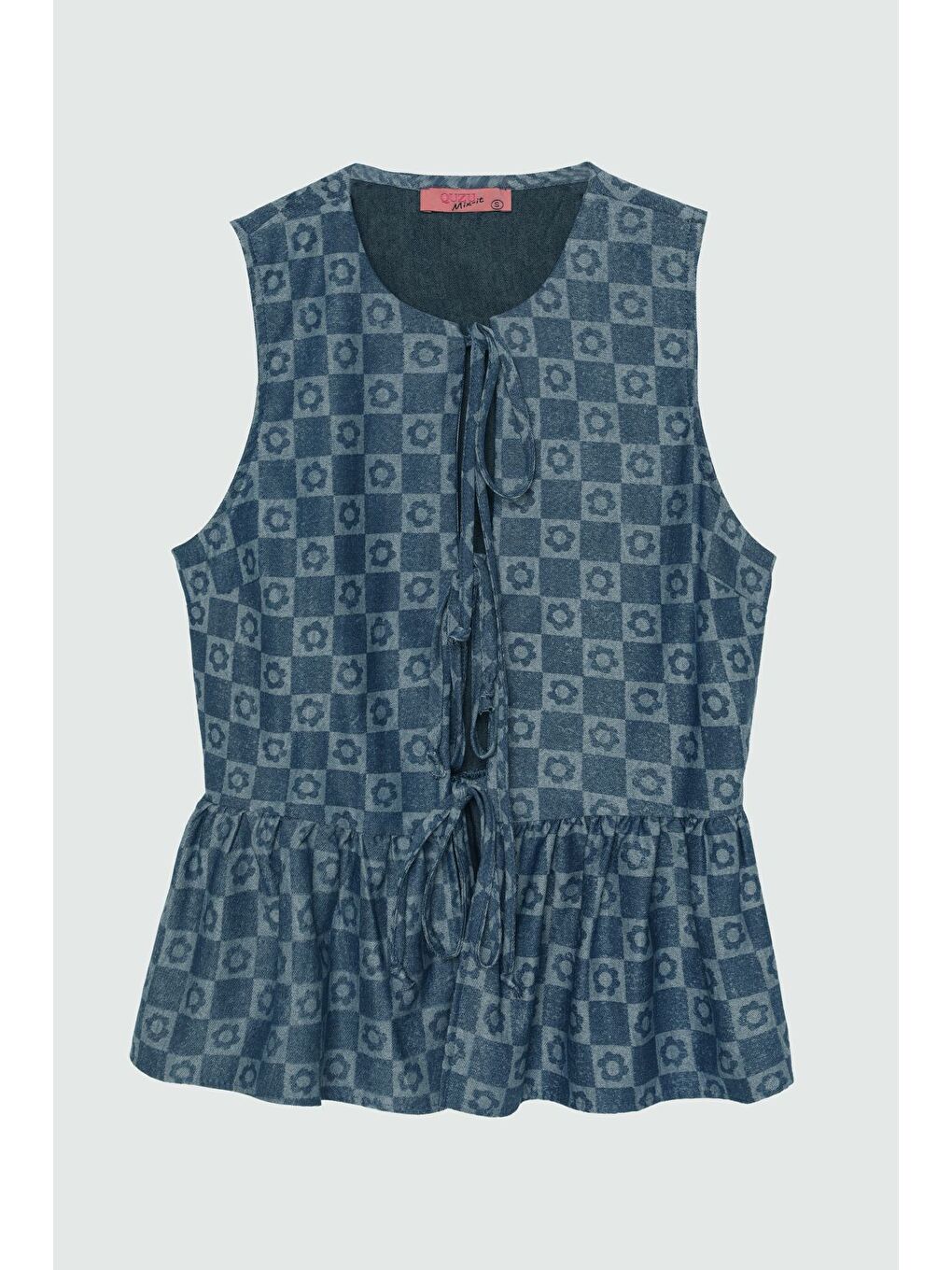 Dama Desenli Fiyonk Bağlamalı Bluz İndigo-1