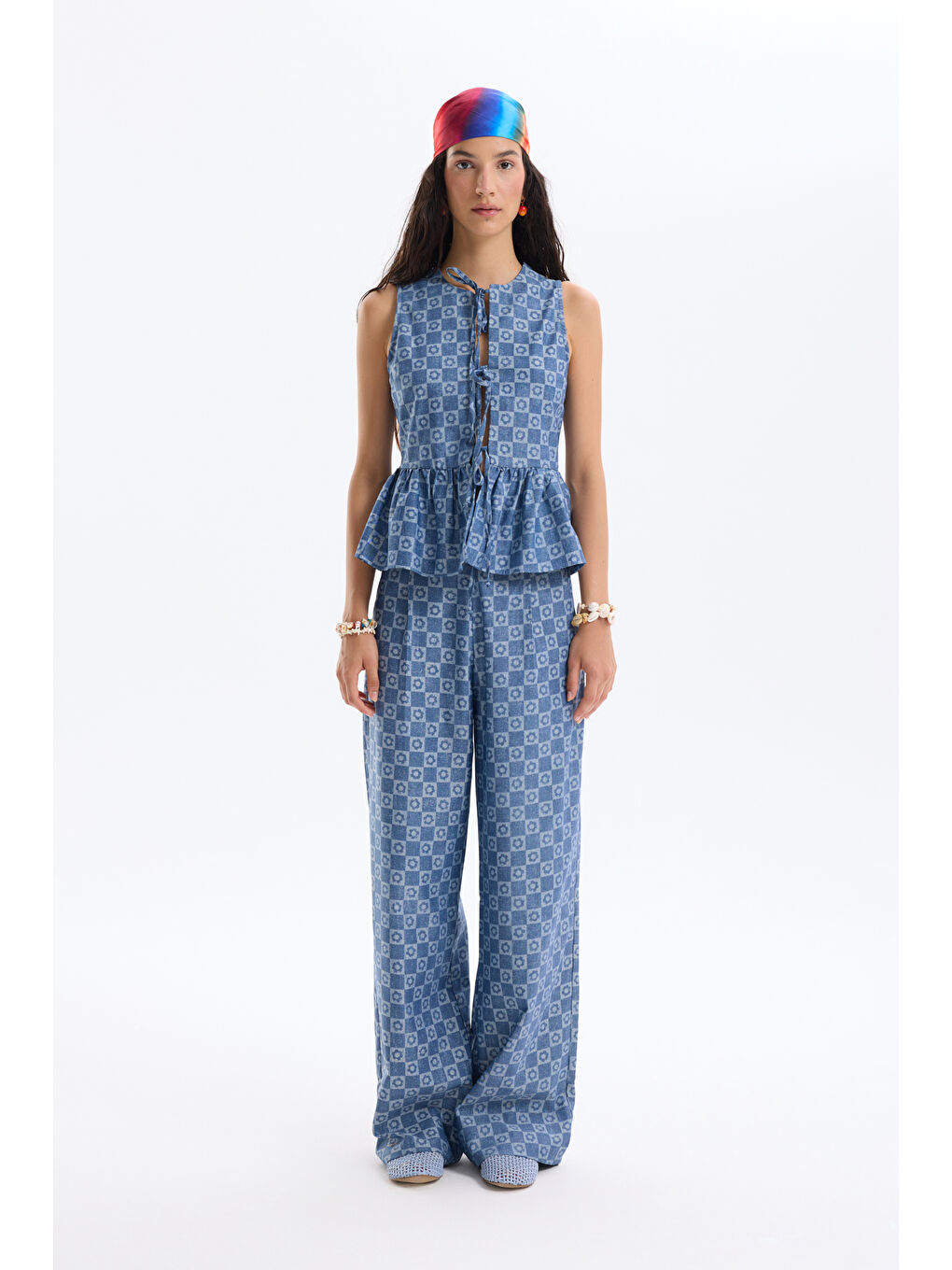 Dama Desenli Fiyonk Bağlamalı Bluz İndigo-3